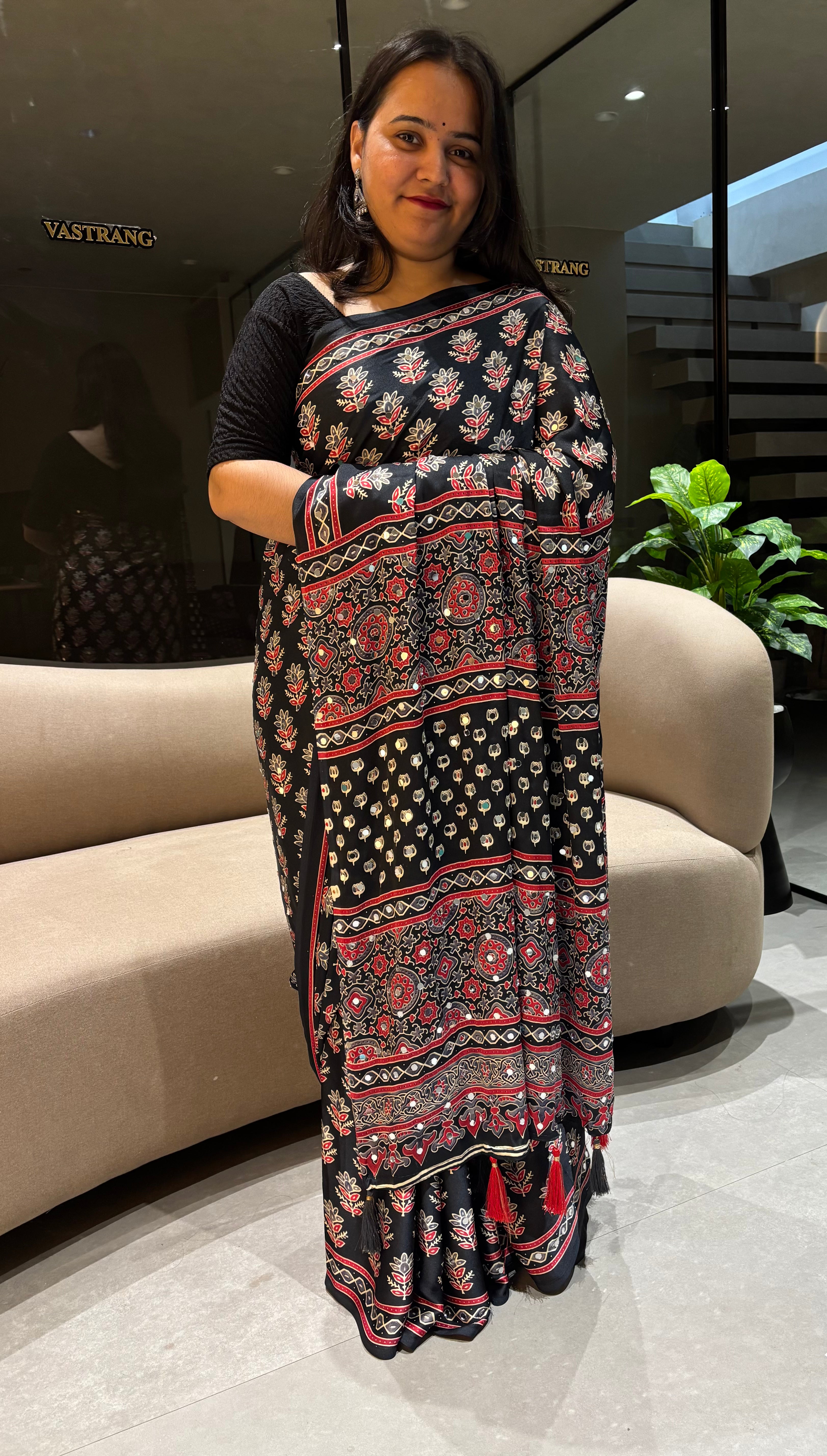 Alverina Festive Wear Pure Satin Silk Ajrak Printed Rich Pallu n Mirror Work Fancy Saree With Blouse Piece