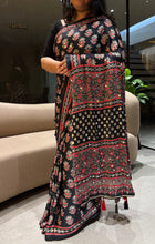 Load image into Gallery viewer, Alverina Festive Wear Pure Satin Silk Ajrak Printed Rich Pallu n Mirror Work Fancy Saree With Blouse Piece
