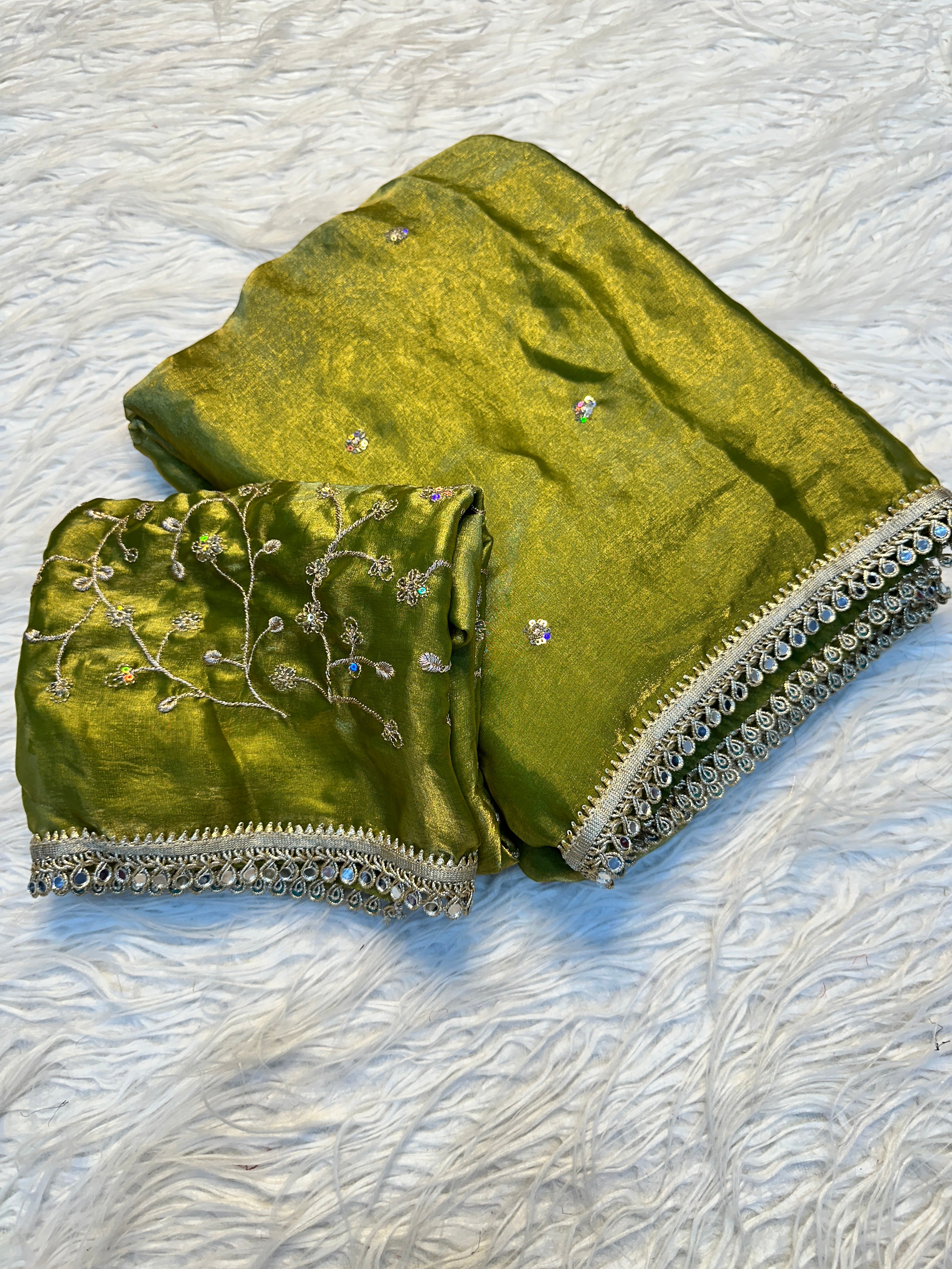 Quintessential Party Wear Satin Silk Sequence Work Flower Butti Fancy Saree With Blissful Blouse Piece