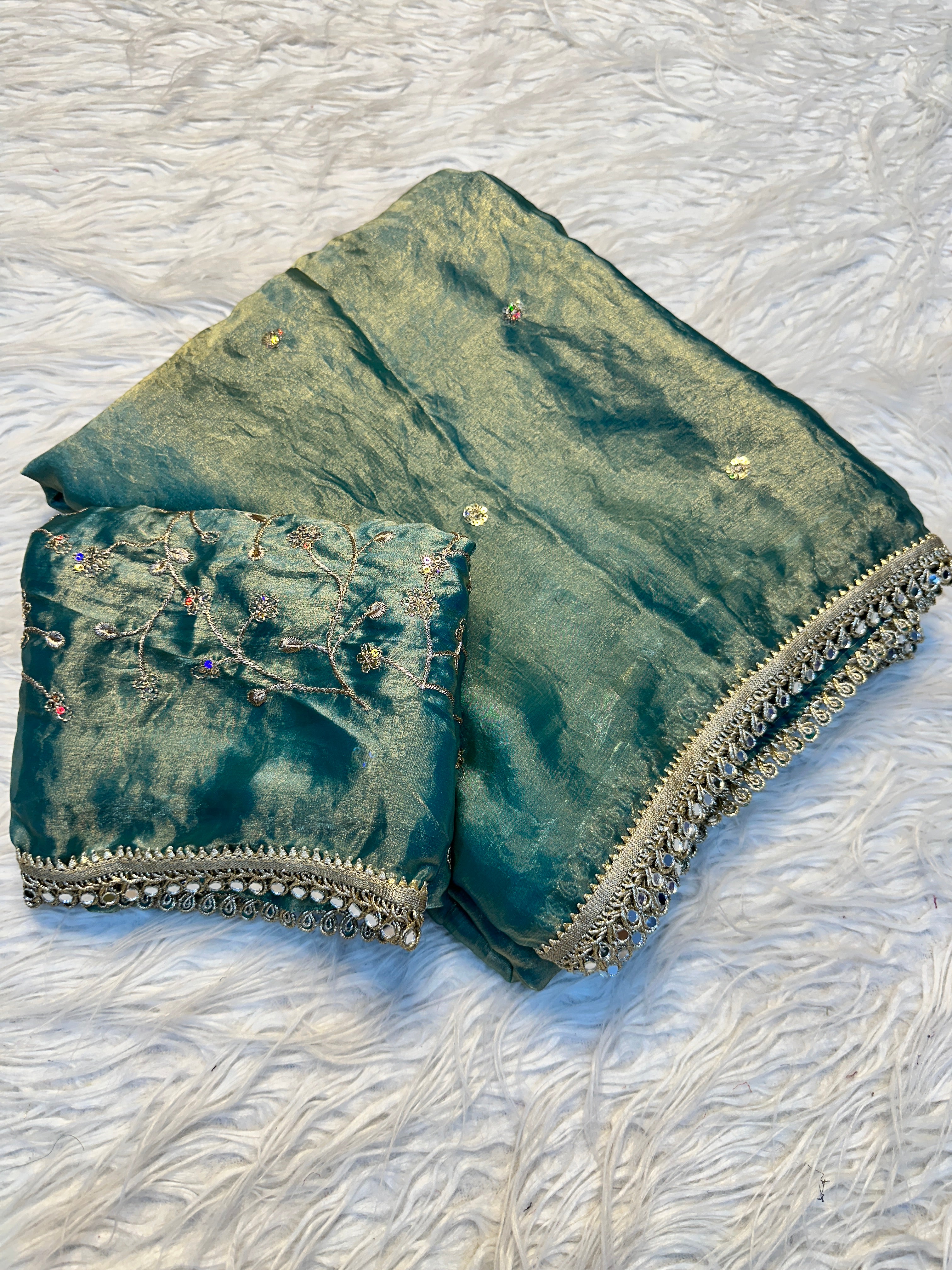 Quintessential Party Wear Satin Silk Sequence Work Flower Butti Fancy Saree With Blissful Blouse Piece