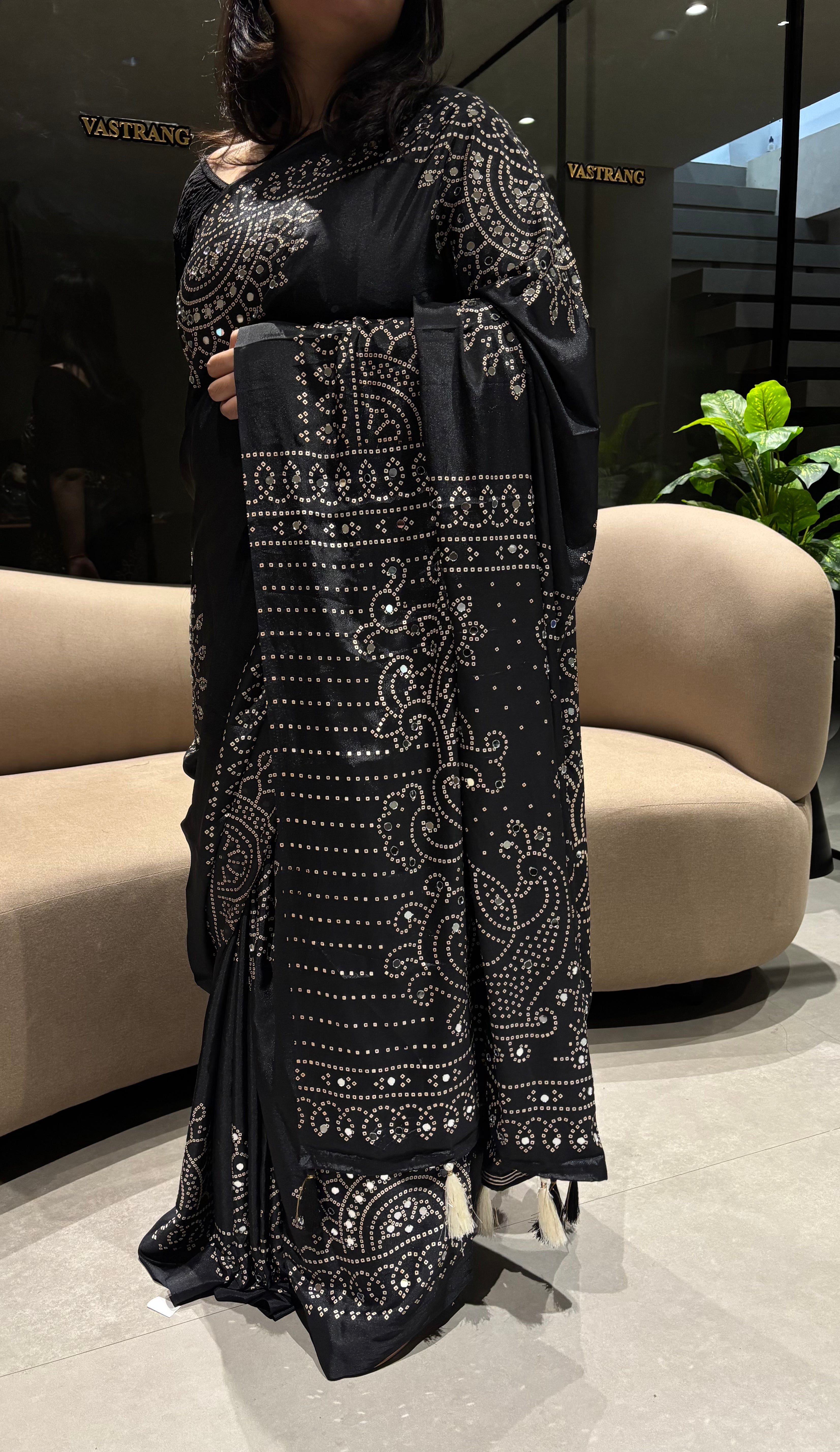 Artisanal Function Wear Pure Satin Silk Ajrak Printed Rich Pallu n Mirror Work Designer Saree
