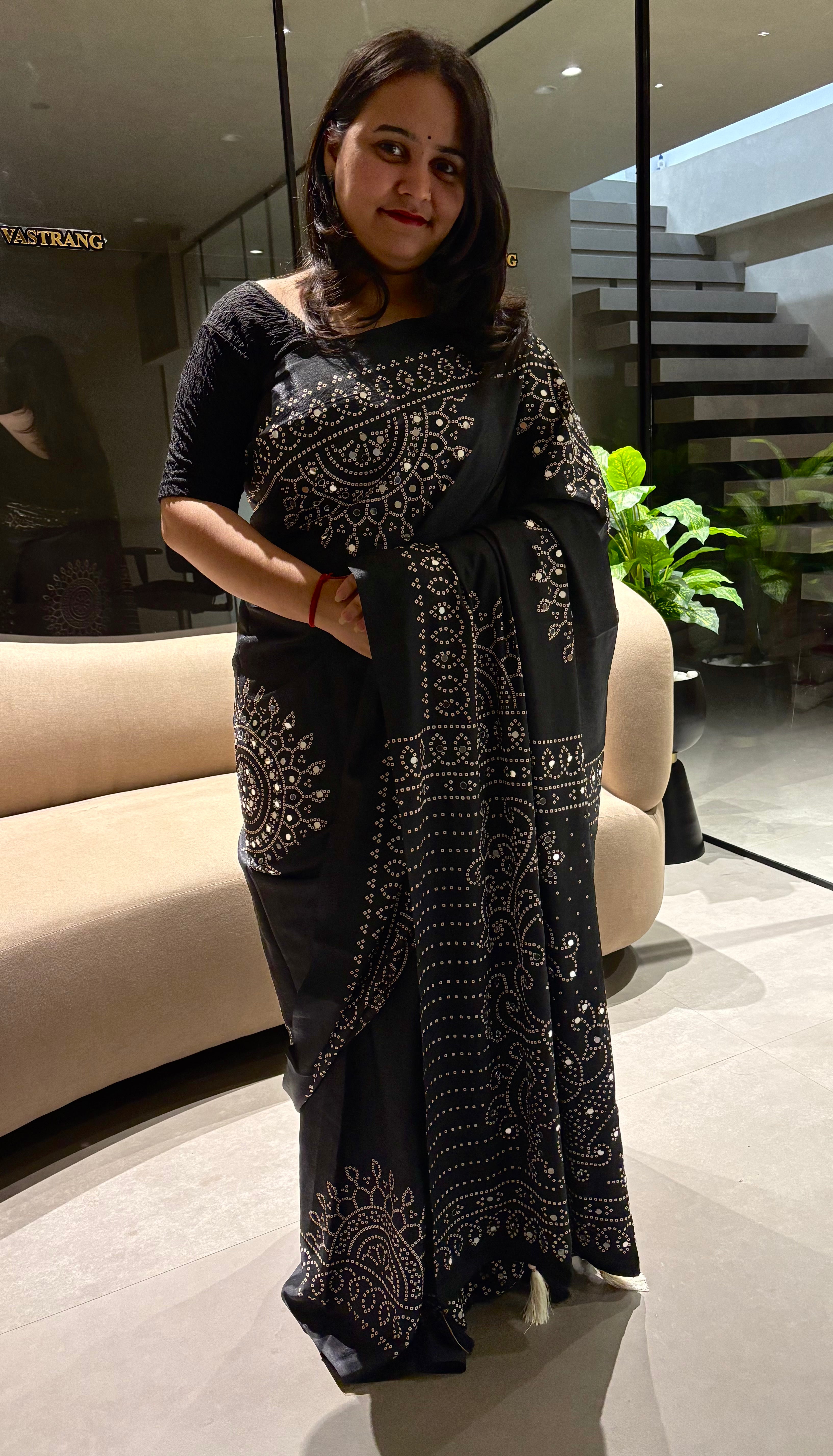 Artisanal Function Wear Pure Satin Silk Ajrak Printed Rich Pallu n Mirror Work Designer Saree