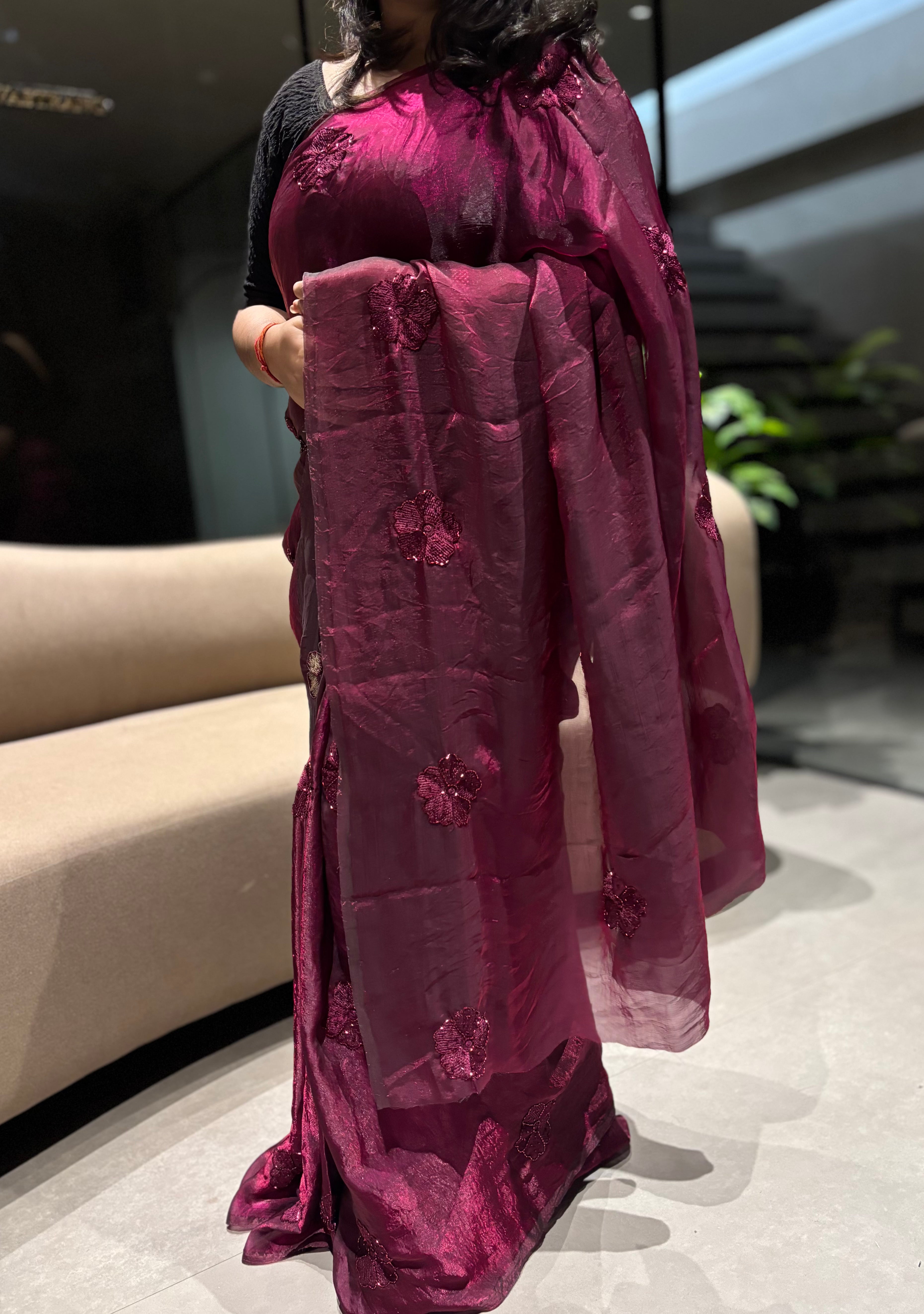 Prettiest Wedding Wear Silk Embroidery Thread n Beads Work Designer Saree With Blouse Piece