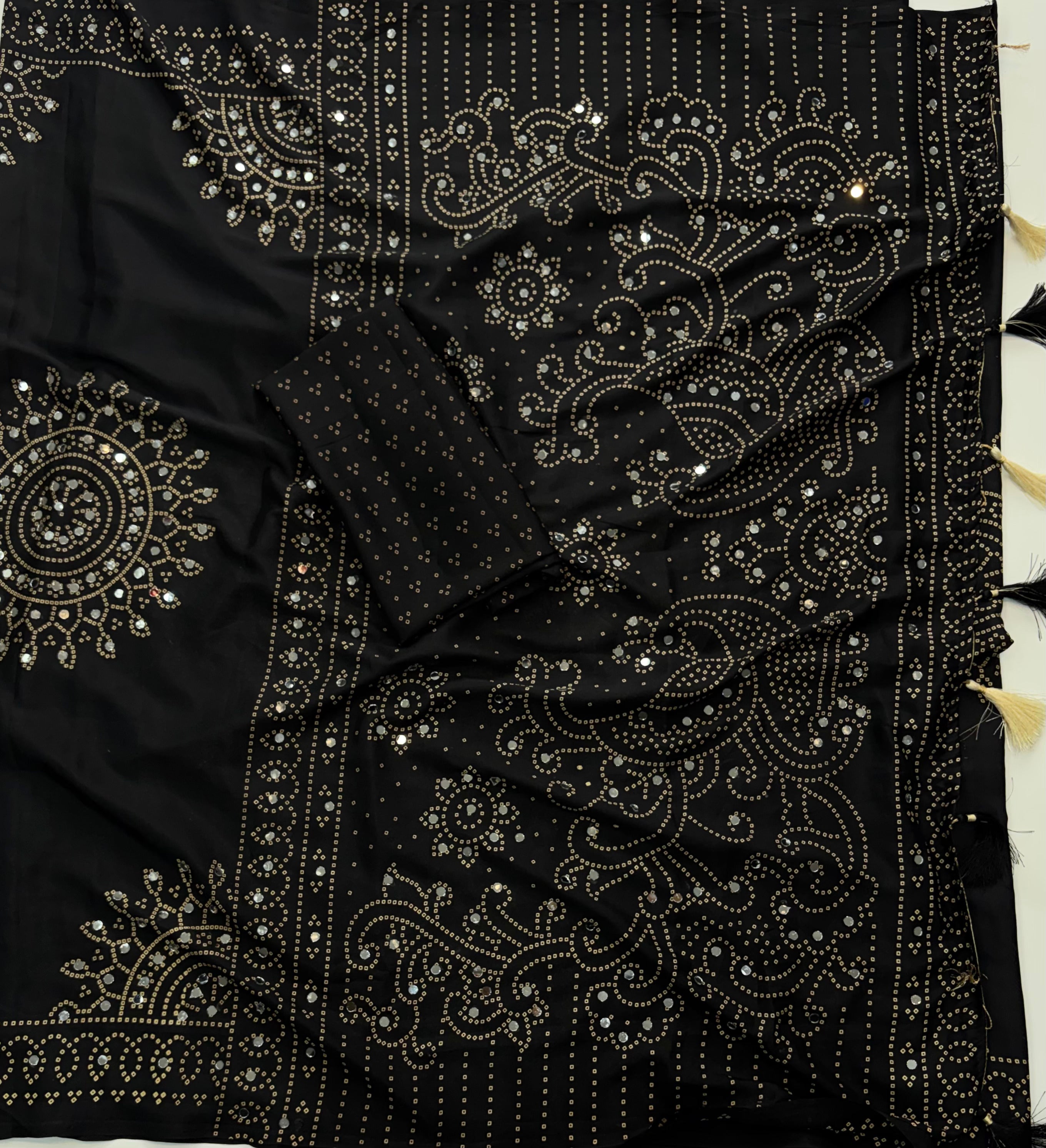 Artisanal Function Wear Pure Satin Silk Ajrak Printed Rich Pallu n Mirror Work Designer Saree