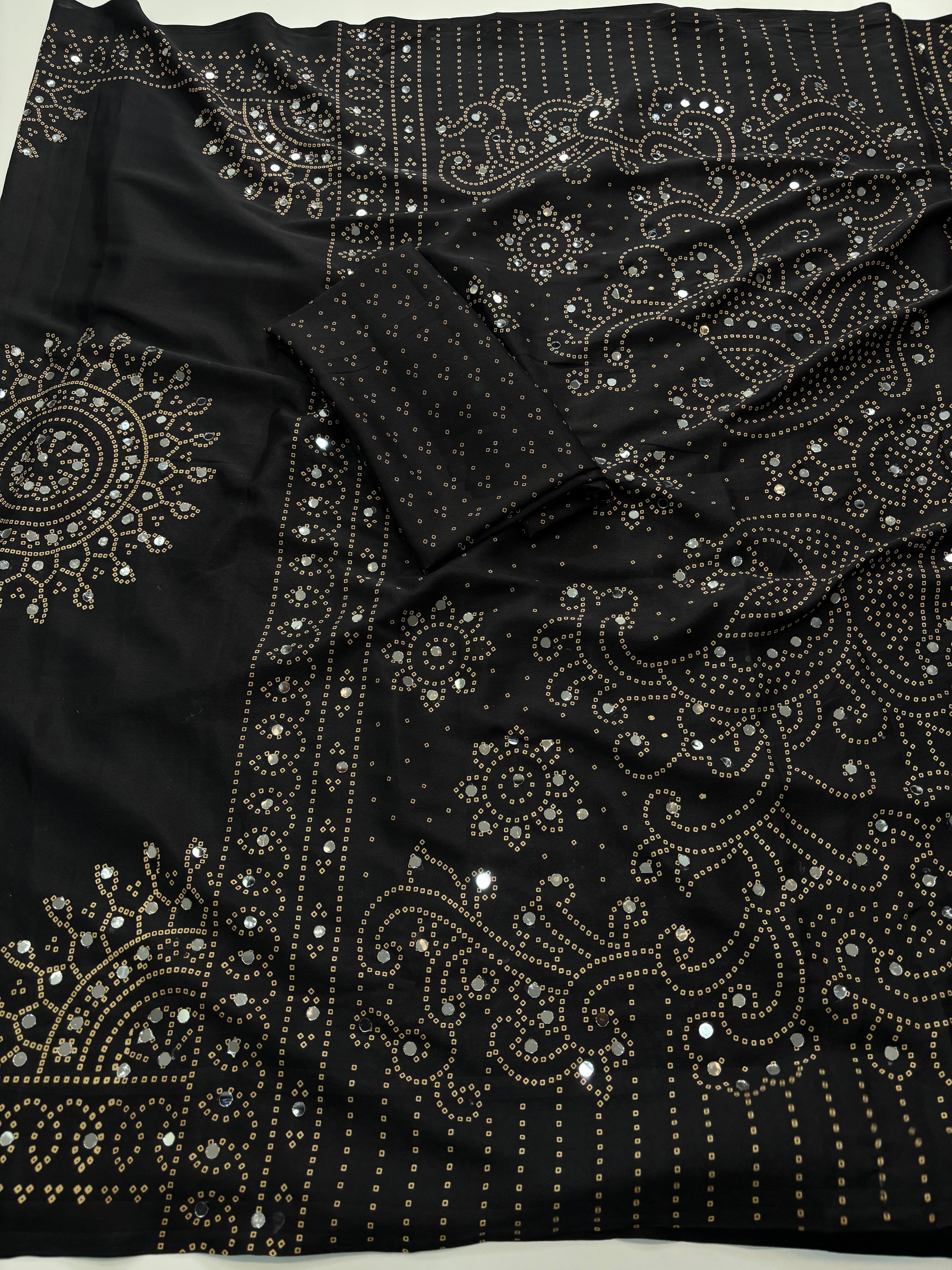 Artisanal Function Wear Pure Satin Silk Ajrak Printed Rich Pallu n Mirror Work Designer Saree