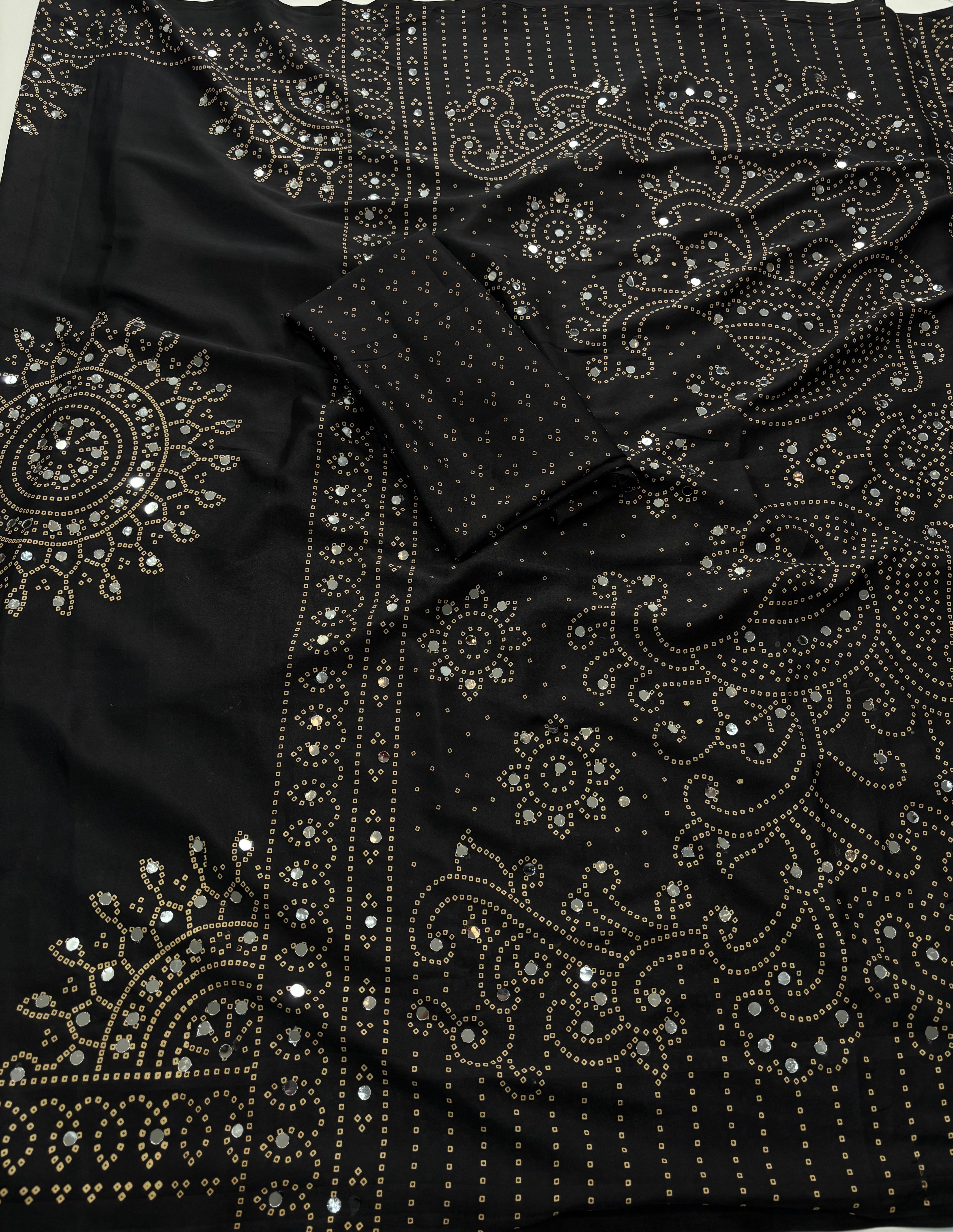 Artisanal Function Wear Pure Satin Silk Ajrak Printed Rich Pallu n Mirror Work Designer Saree