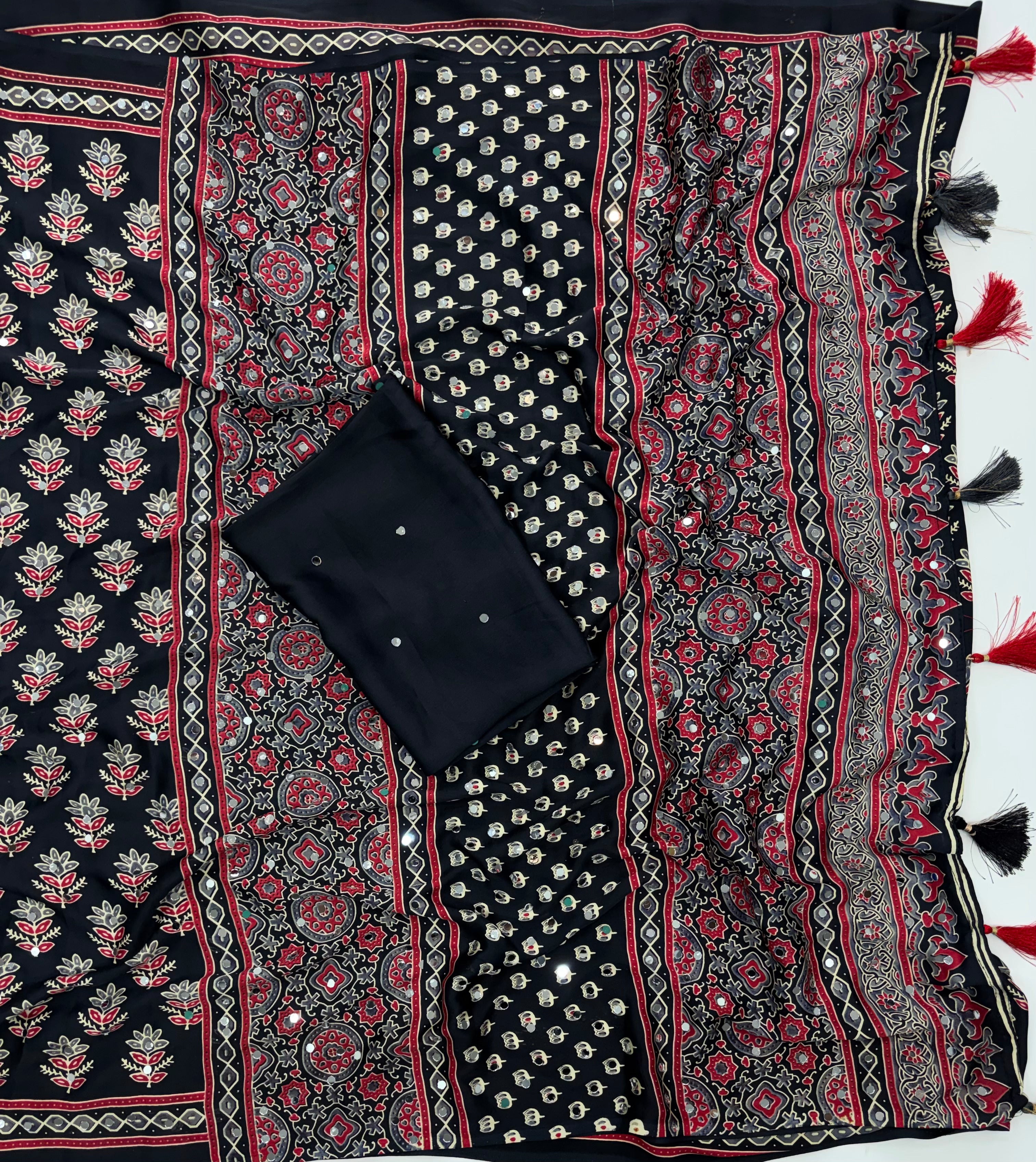 Alverina Festive Wear Pure Satin Silk Ajrak Printed Rich Pallu n Mirror Work Fancy Saree With Blouse Piece
