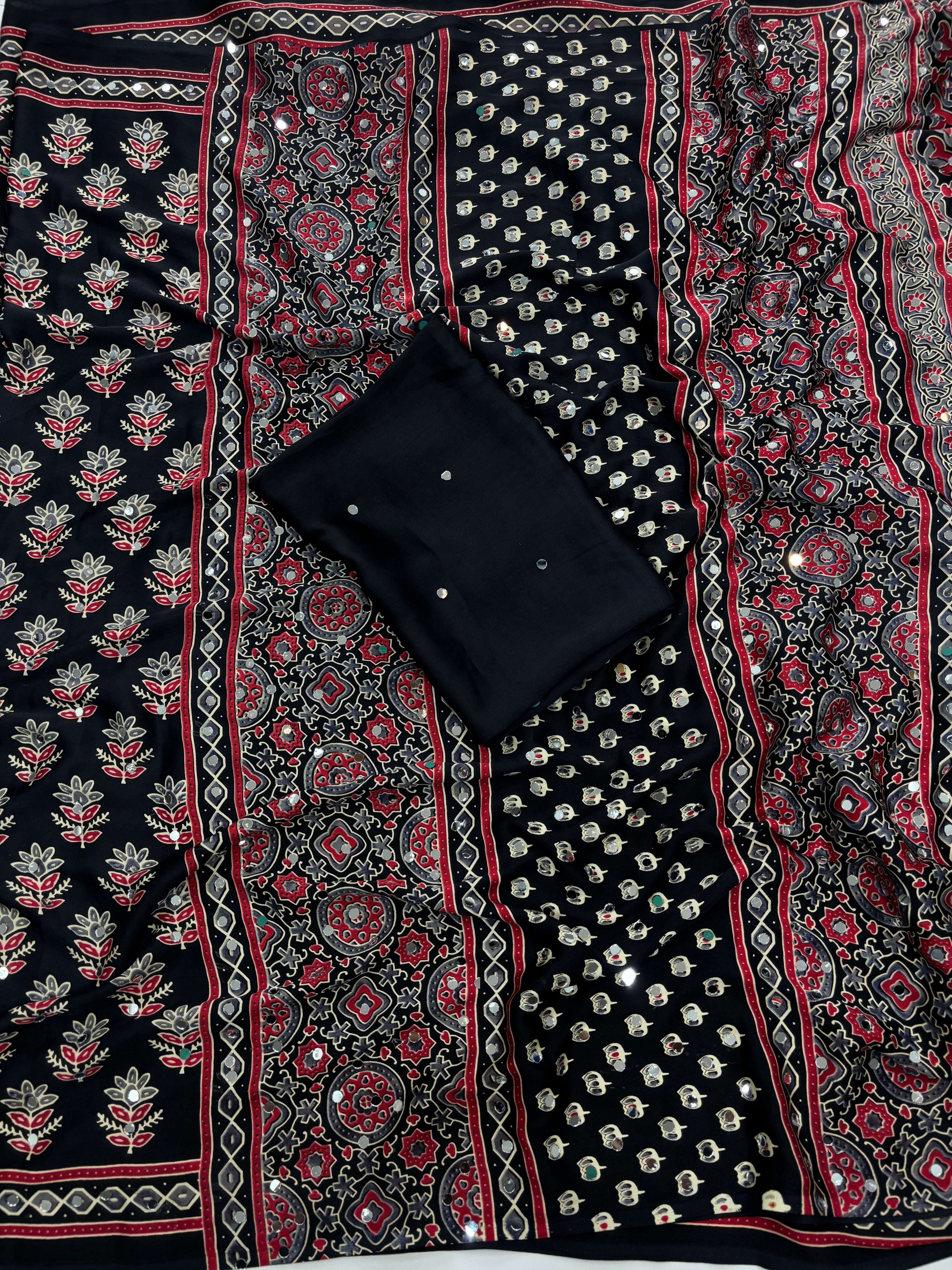 Alverina Festive Wear Pure Satin Silk Ajrak Printed Rich Pallu n Mirror Work Fancy Saree With Blouse Piece