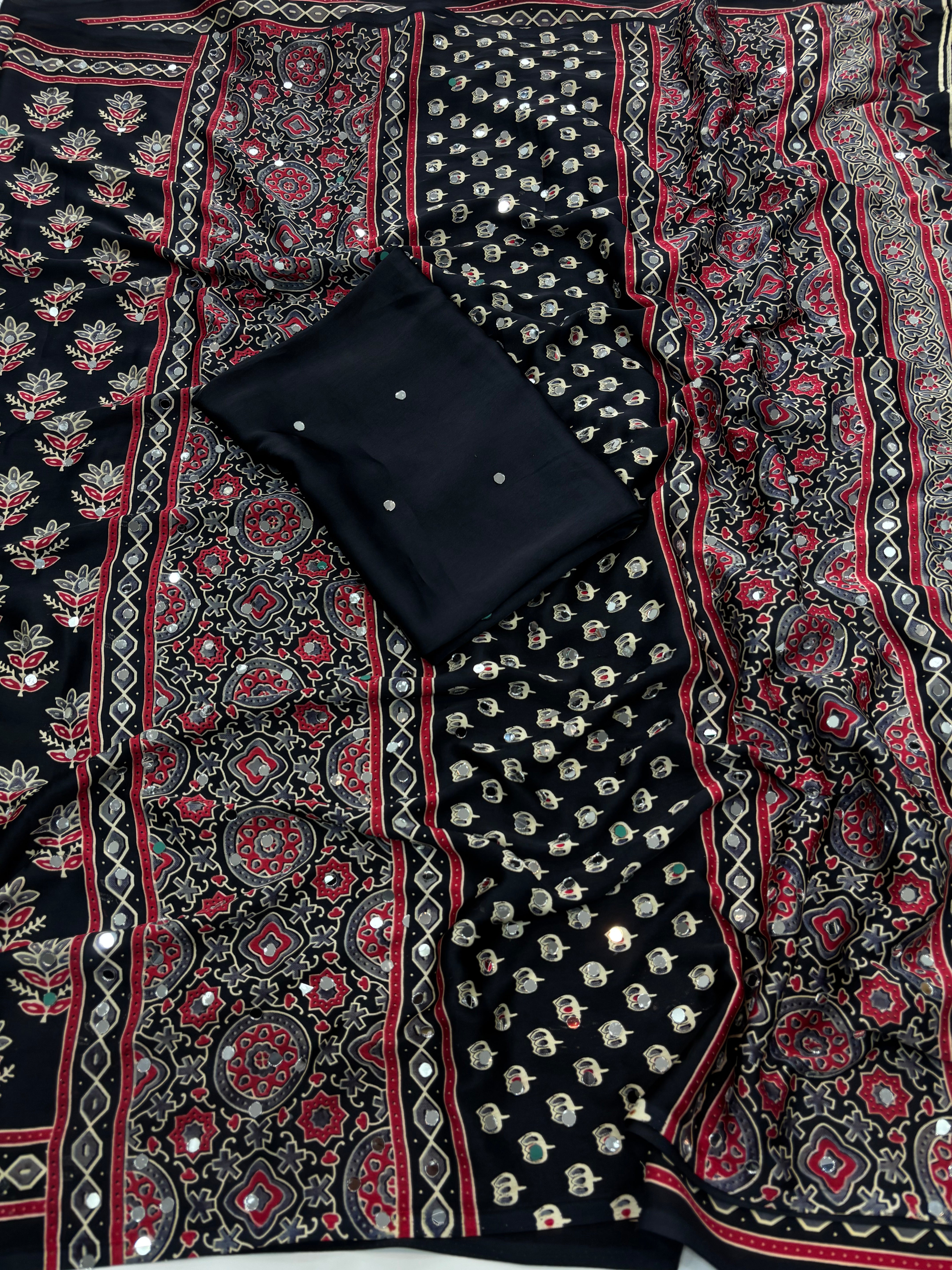 Alverina Festive Wear Pure Satin Silk Ajrak Printed Rich Pallu n Mirror Work Fancy Saree With Blouse Piece