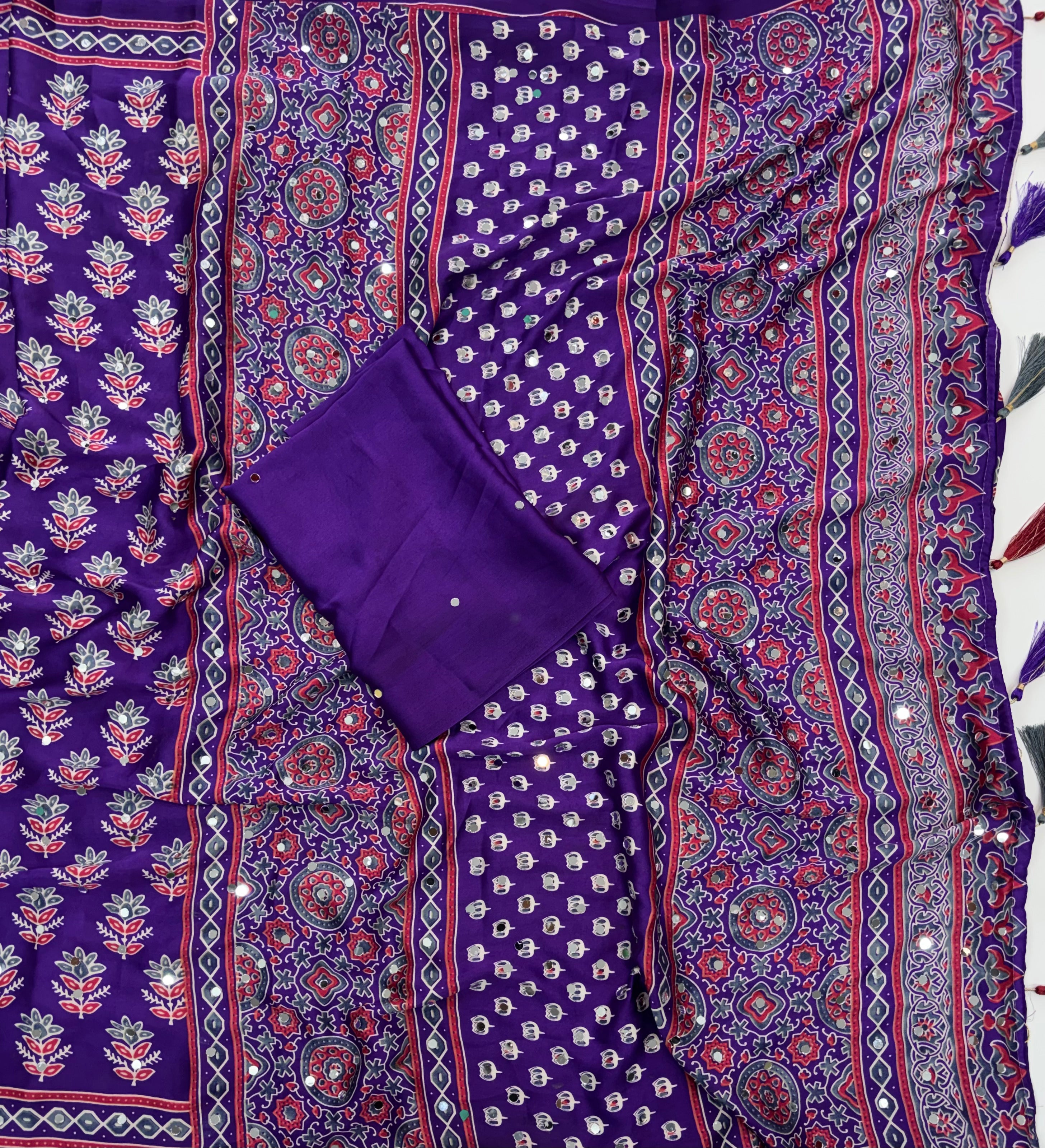 Alverina Festive Wear Pure Satin Silk Ajrak Printed Rich Pallu n Mirror Work Fancy Saree With Blouse Piece