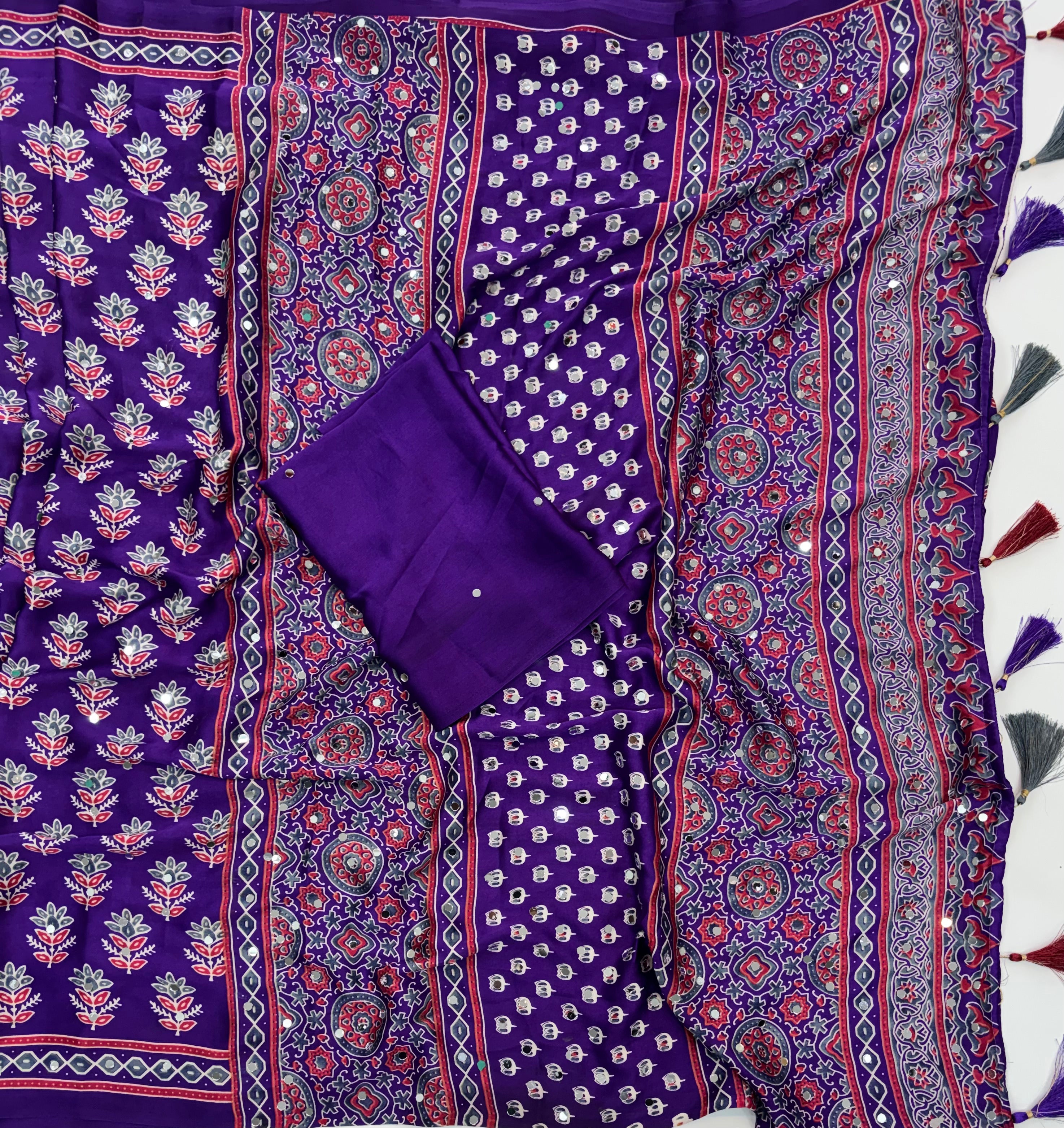 Alverina Festive Wear Pure Satin Silk Ajrak Printed Rich Pallu n Mirror Work Fancy Saree With Blouse Piece