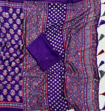 Load image into Gallery viewer, Alverina Festive Wear Pure Satin Silk Ajrak Printed Rich Pallu n Mirror Work Fancy Saree With Blouse Piece
