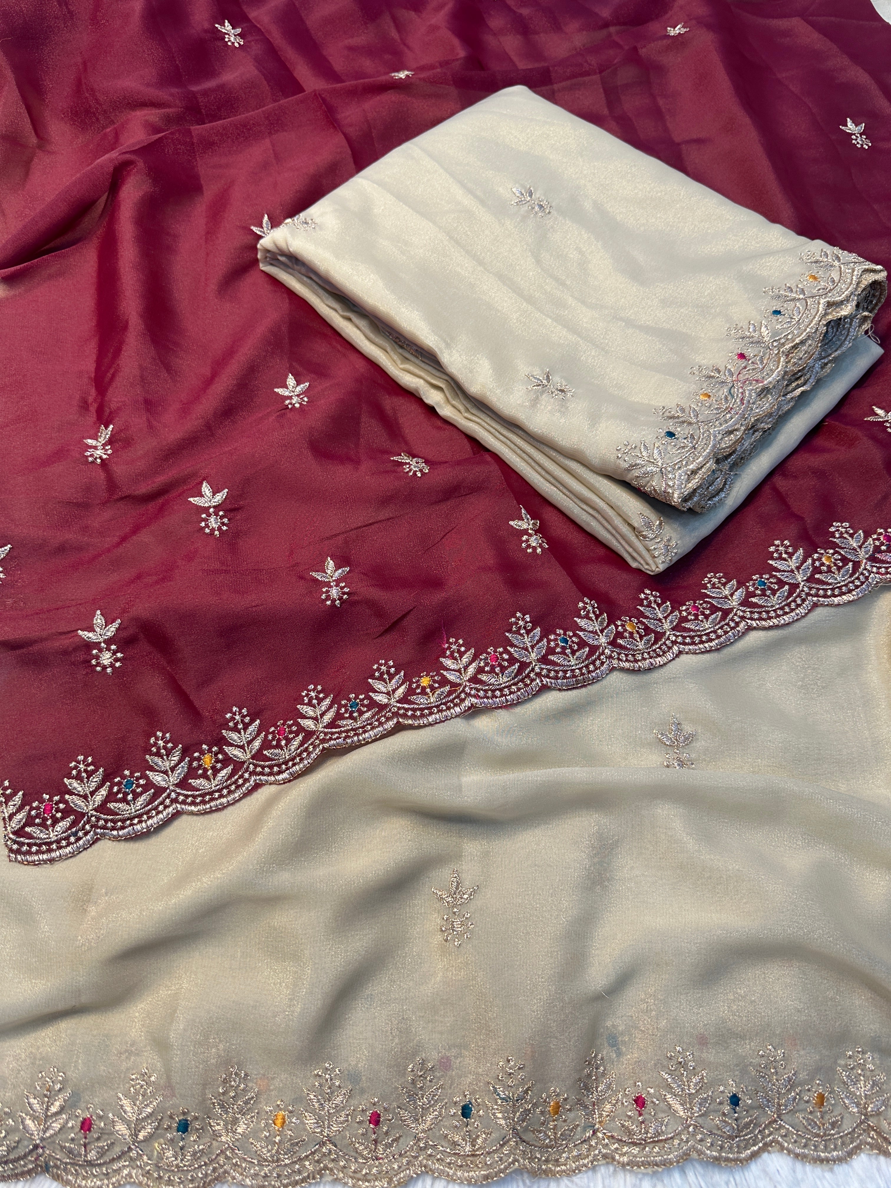 Glossy Function Wear Silk Embroidery n Sequence Work Saree With Contrast Blouse Piece