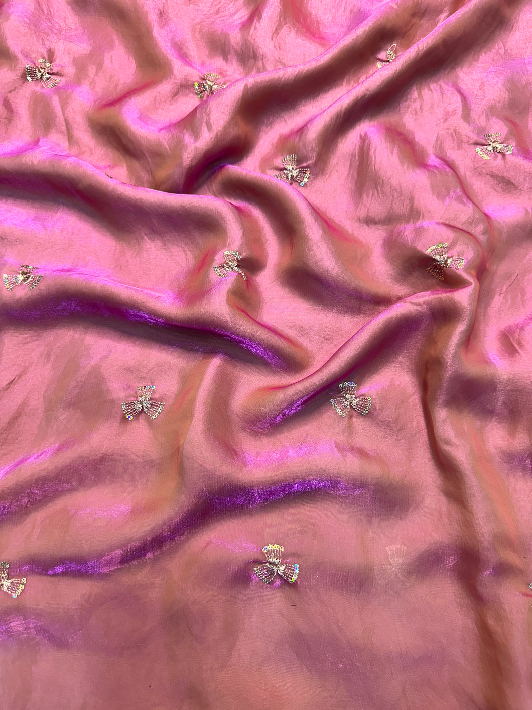 Quintessential Party Wear Fendy Satin Silk Dual Shaded Sequence Work Flower Butti Fancy Designer Saree