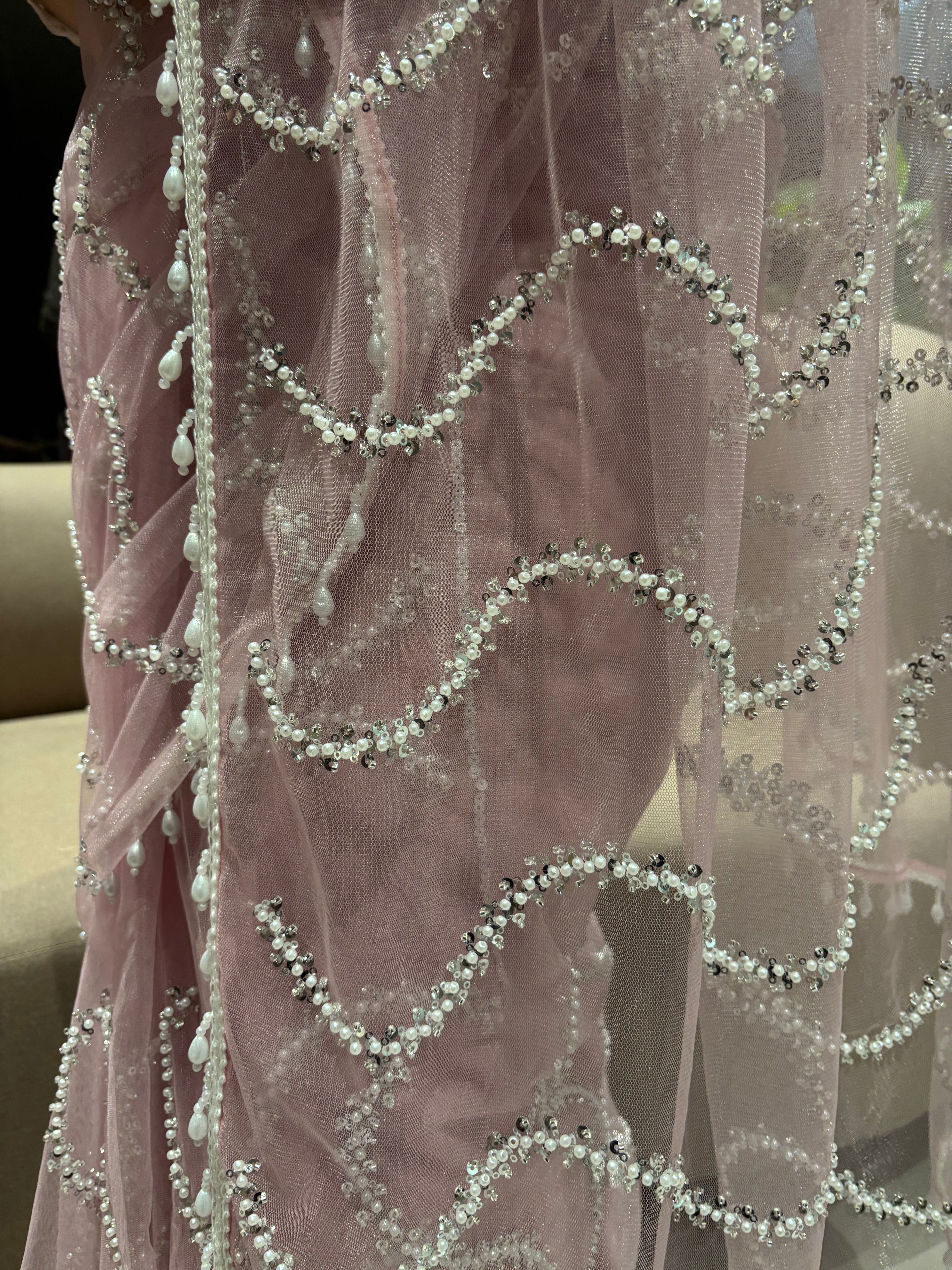 Charismatic Party Wear Net Sequence Beads n Handwork Moti lace Designer Saree With Blouse Piece