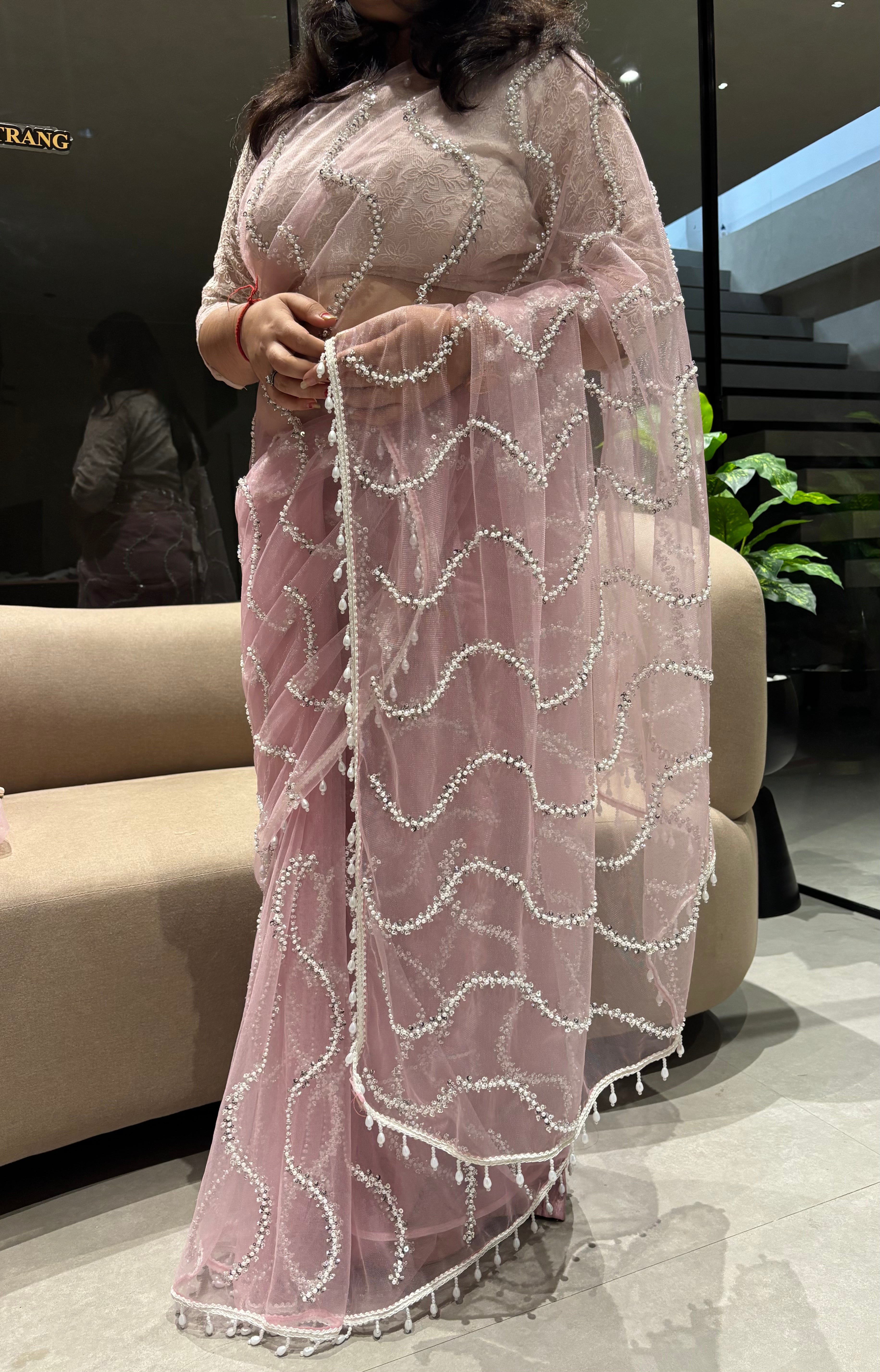 Charismatic Party Wear Net Sequence Beads n Handwork Moti lace Designer Saree With Blouse Piece