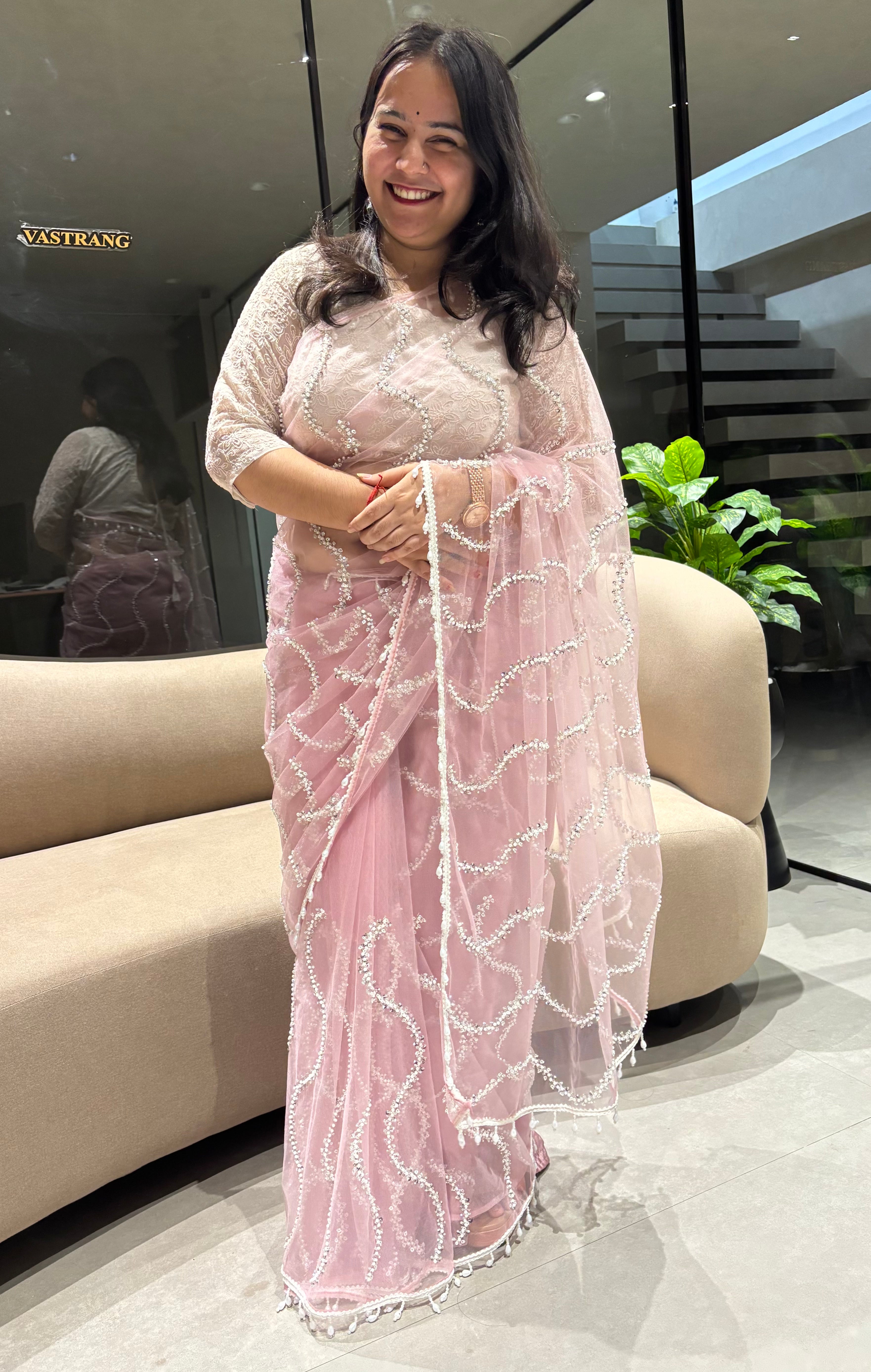 Charismatic Party Wear Net Sequence Beads n Handwork Moti lace Designer Saree With Blouse Piece