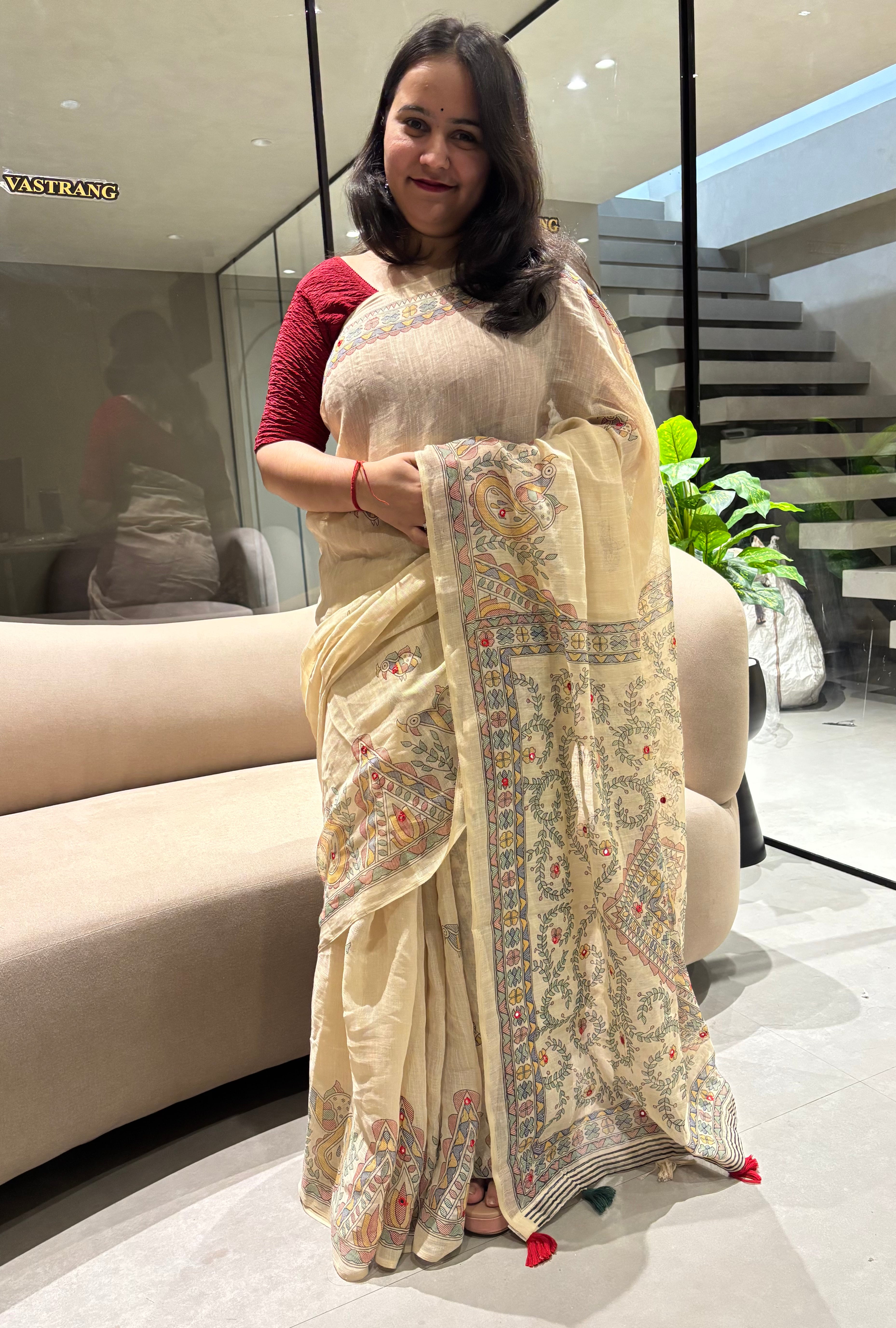 Desirable Festive Wear Linen Cotton Mirror Work Fancy Designer Saree With Blouse Piece