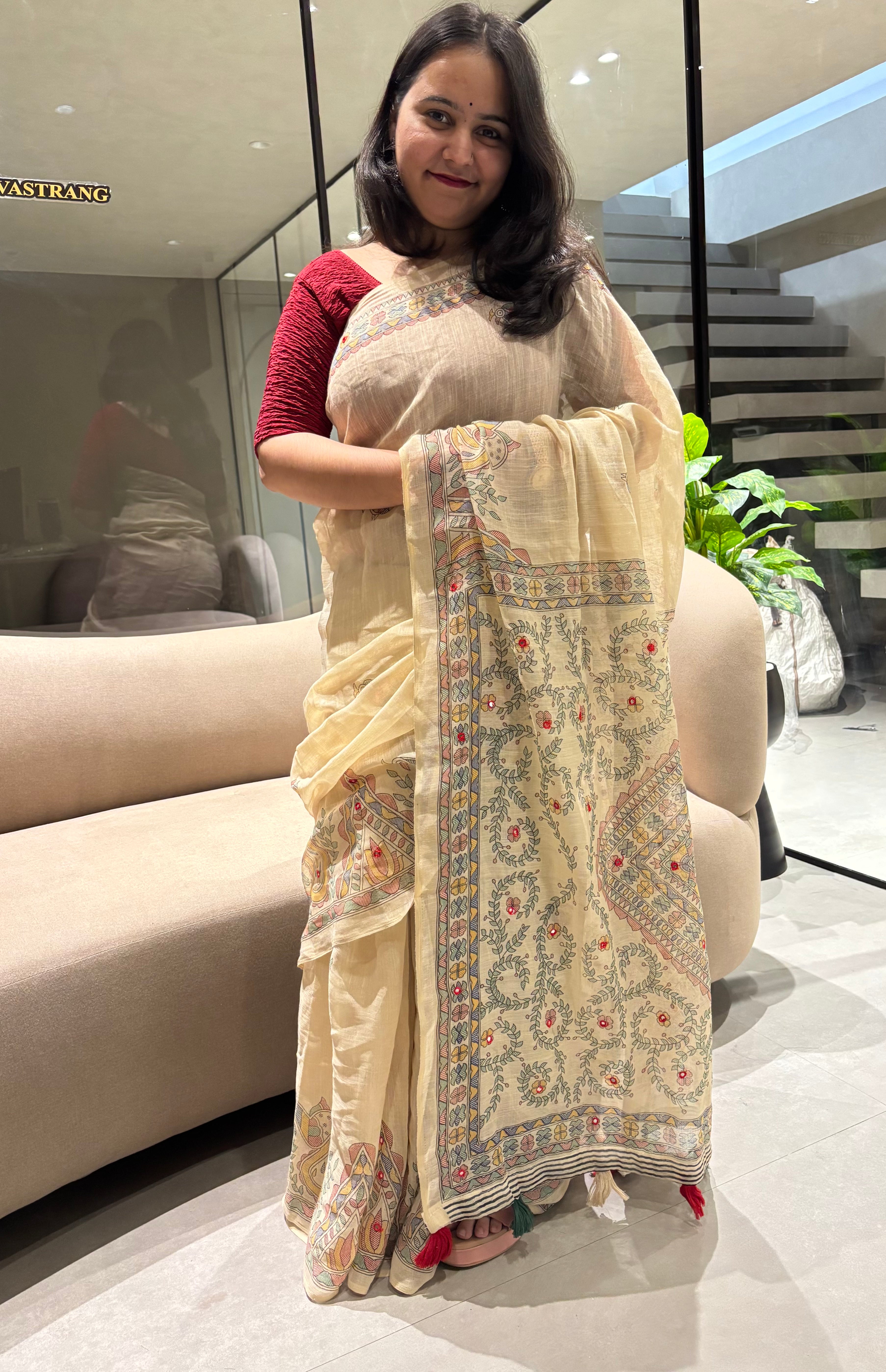 Desirable Festive Wear Linen Cotton Mirror Work Fancy Designer Saree With Blouse Piece