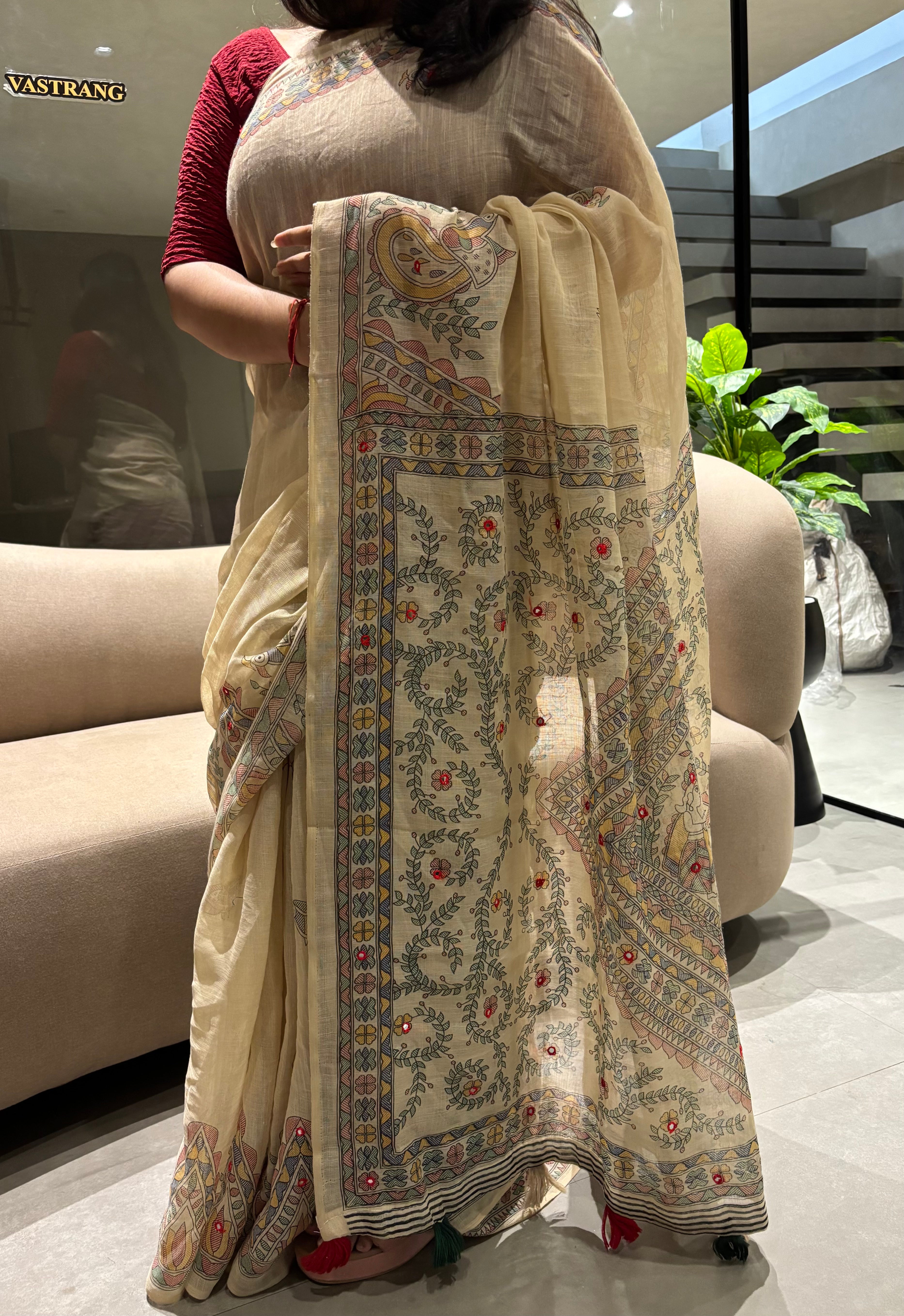 Desirable Festive Wear Linen Cotton Mirror Work Fancy Designer Saree With Blouse Piece