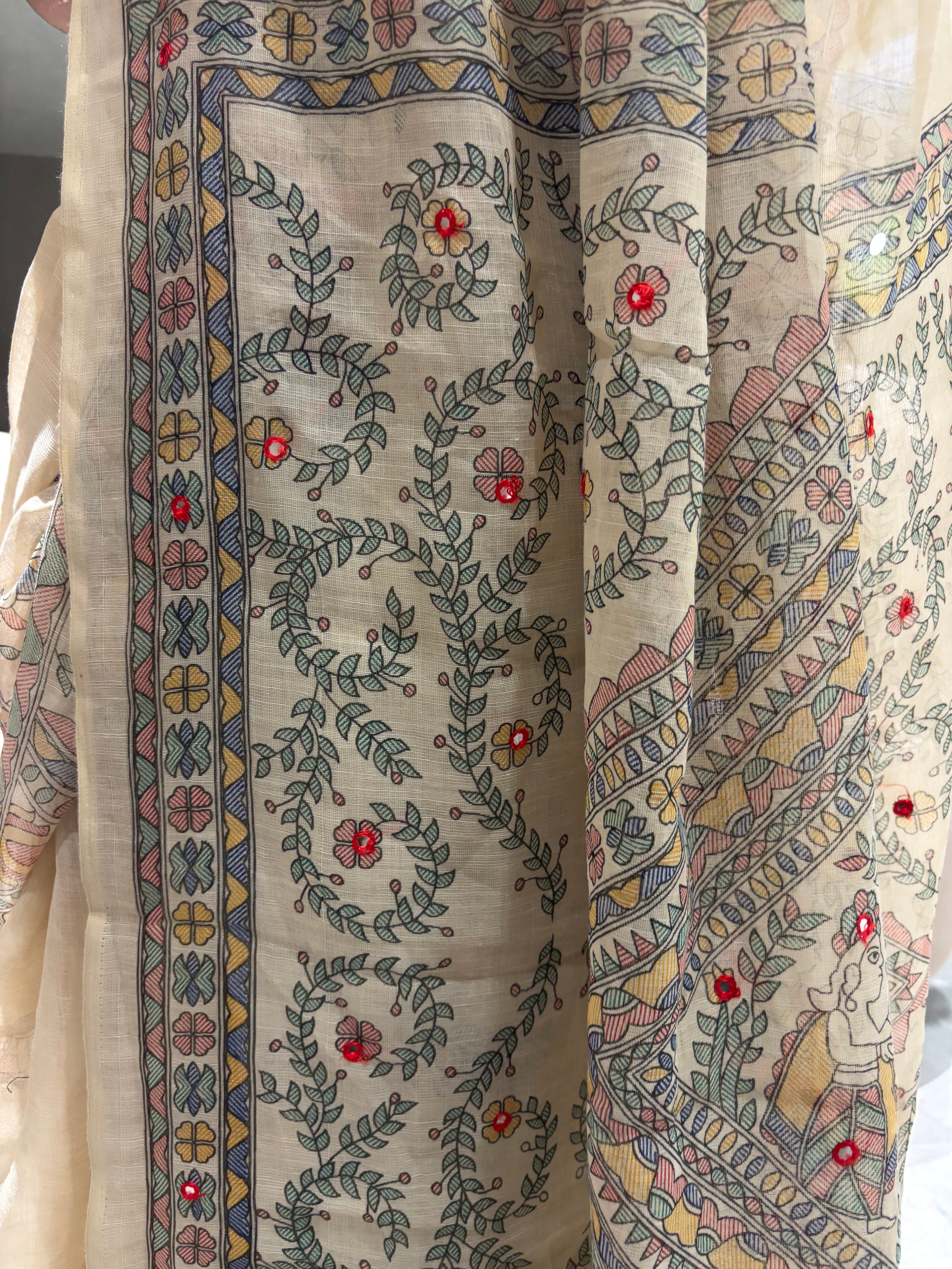 Desirable Festive Wear Linen Cotton Mirror Work Fancy Designer Saree With Blouse Piece