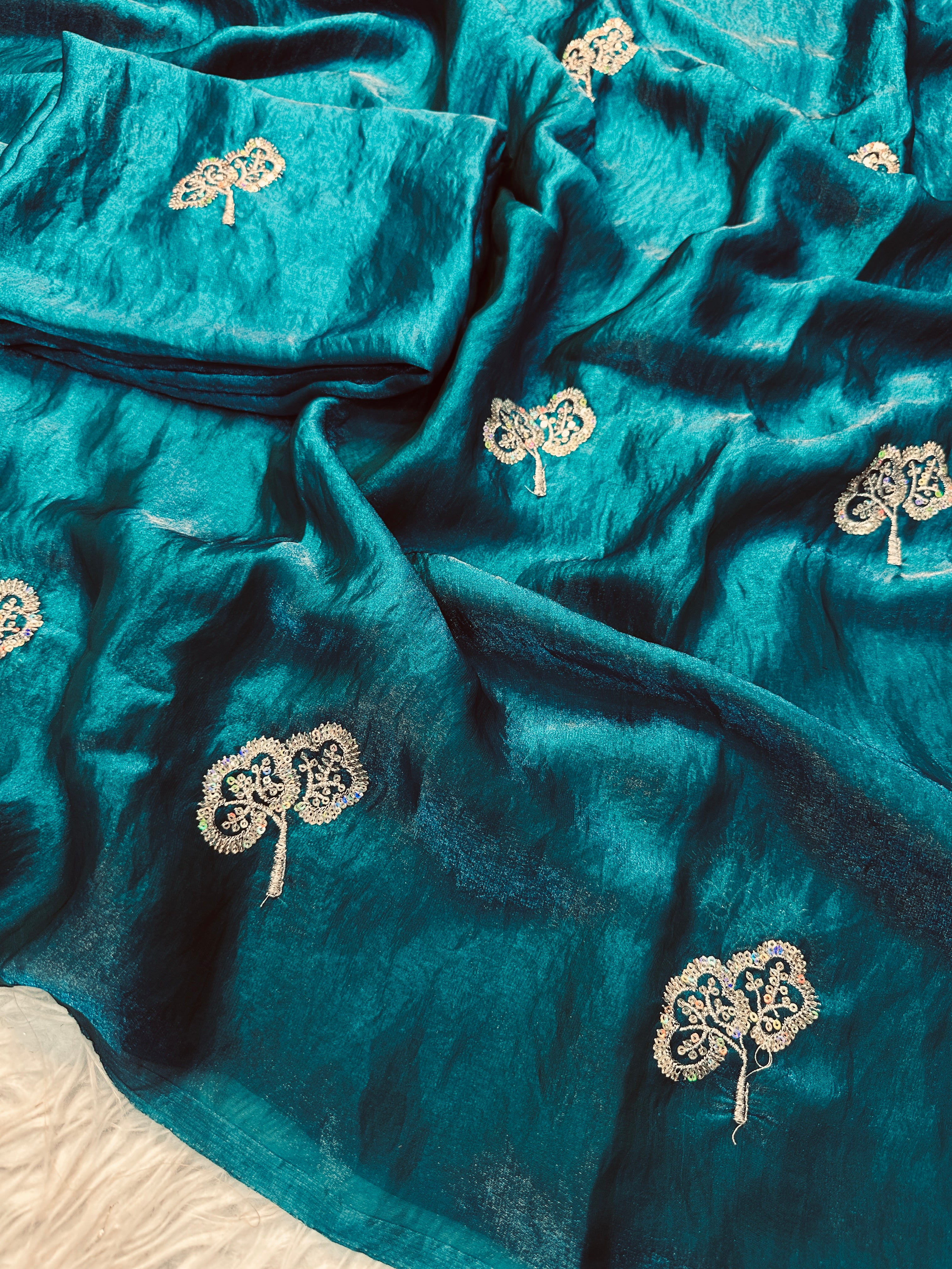 Charming Function Wear Satin Silk Dual Shaded Sequence Work Flower Butti Fancy Designer Saree