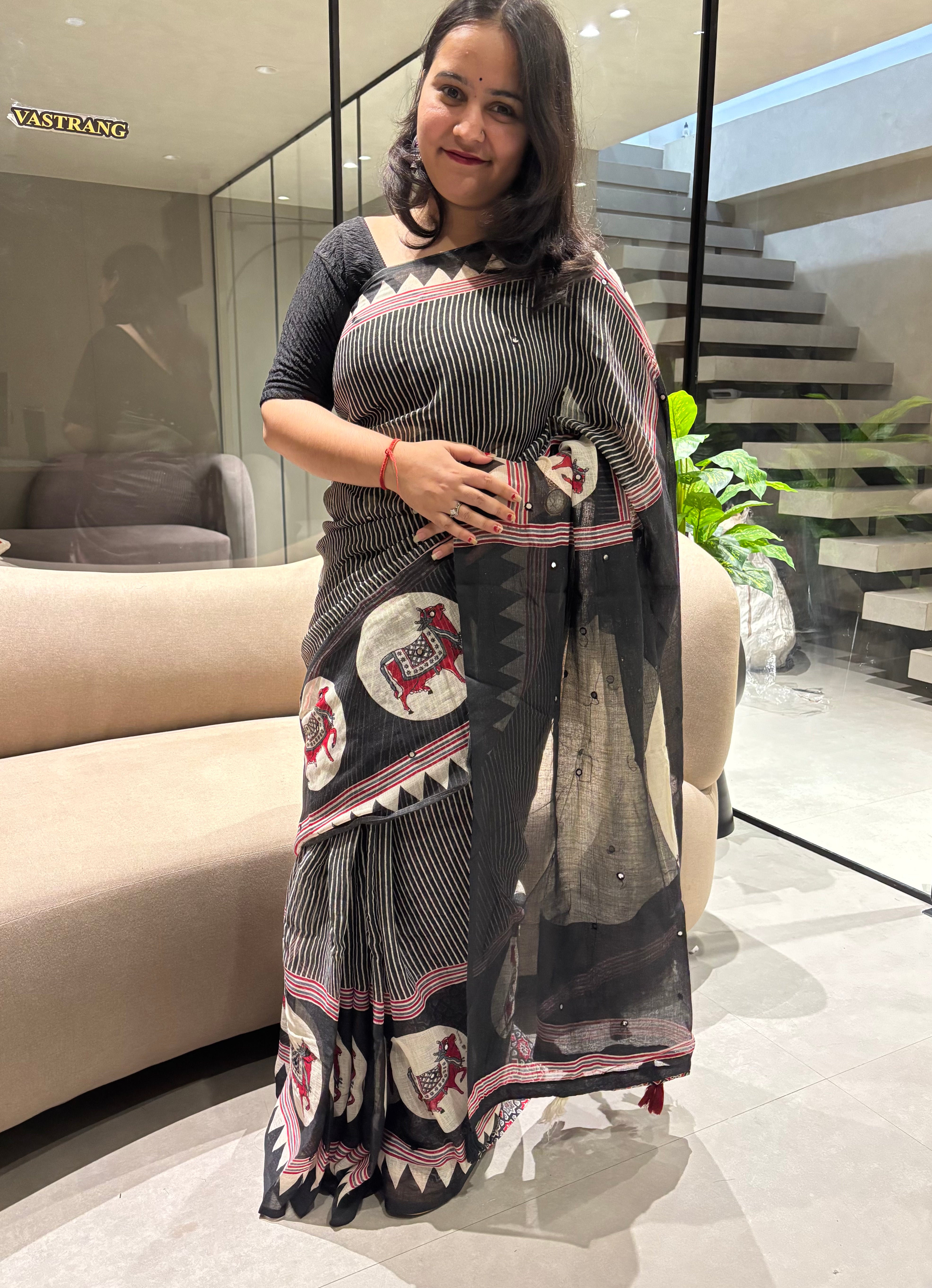 Desirable Festive Wear Pure Soft Linen Print n Mirror Work Fancy Saree With Blissful Blouse Piece
