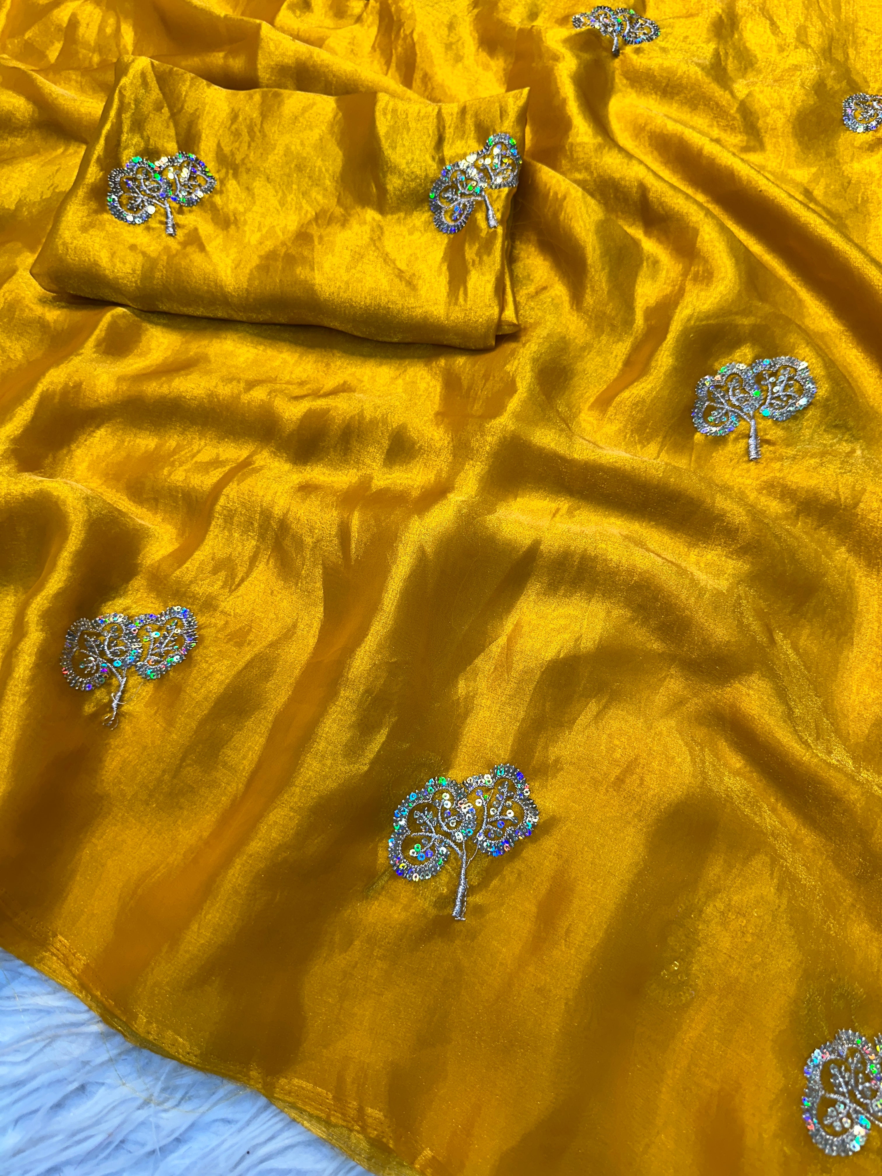 Charming Function Wear Satin Silk Dual Shaded Sequence Work Flower Butti Fancy Designer Saree
