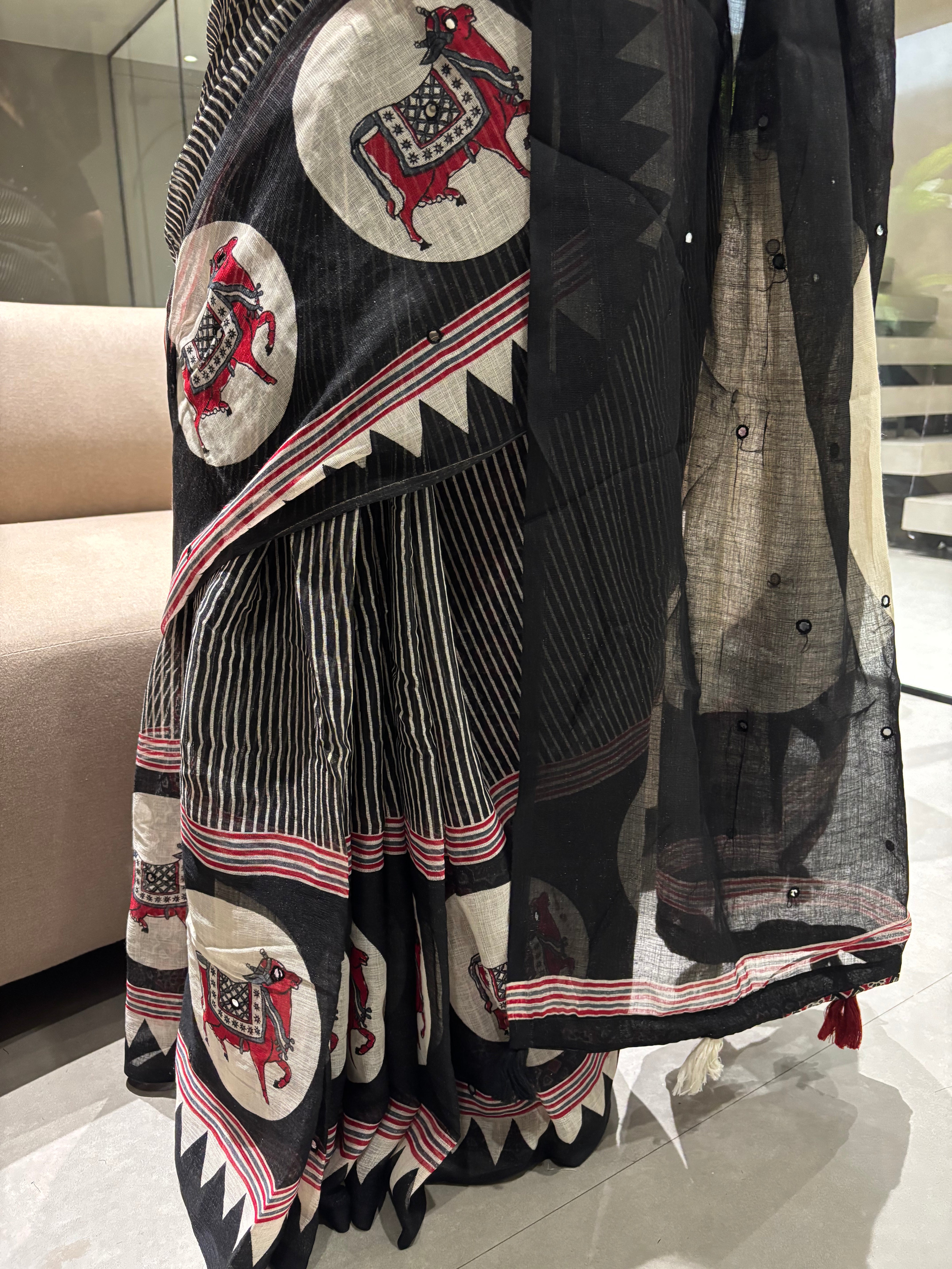 Desirable Festive Wear Pure Soft Linen Print n Mirror Work Fancy Saree With Blissful Blouse Piece