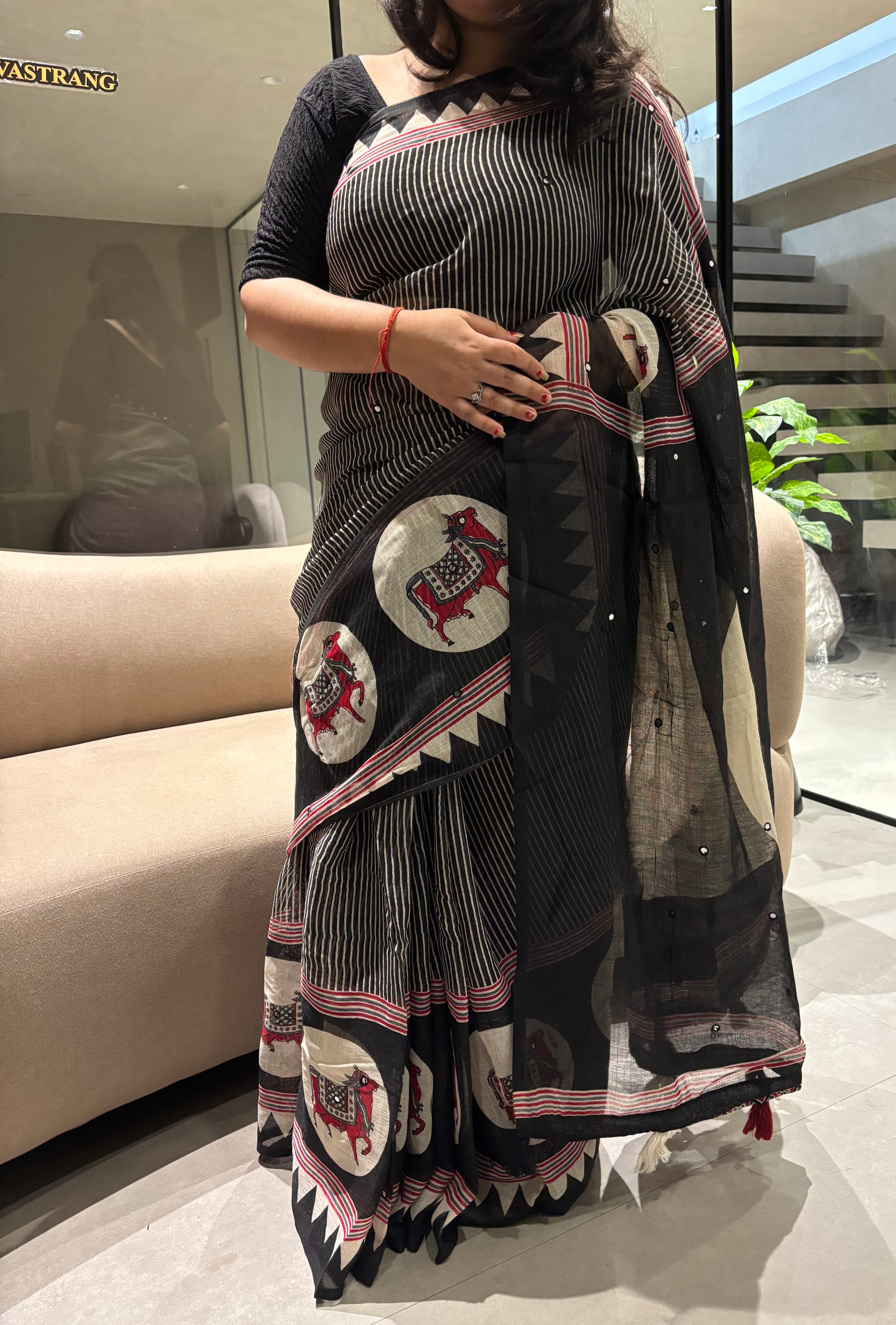 Desirable Festive Wear Pure Soft Linen Print n Mirror Work Fancy Saree With Blissful Blouse Piece