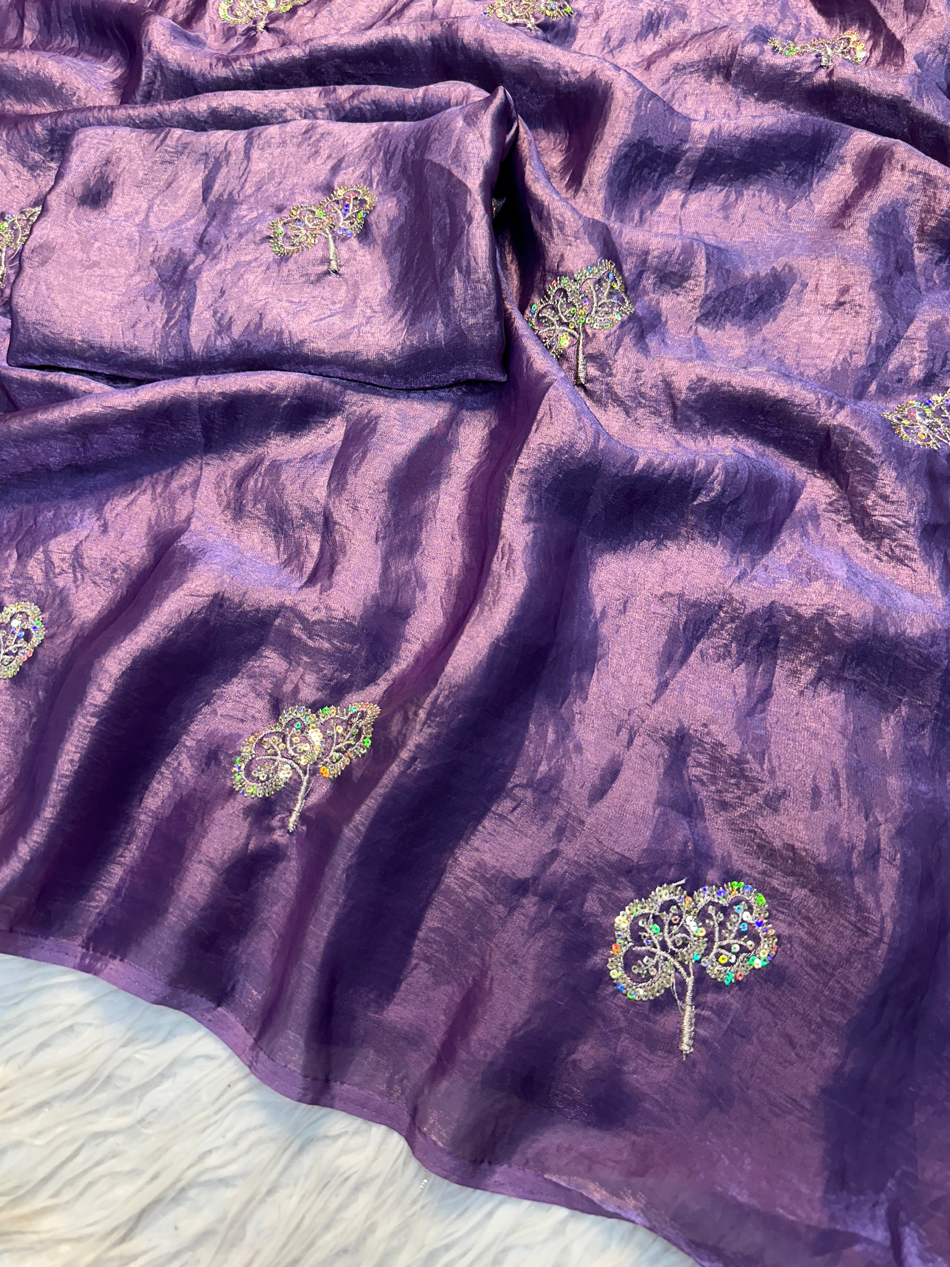Charming Function Wear Satin Silk Dual Shaded Sequence Work Flower Butti Fancy Designer Saree