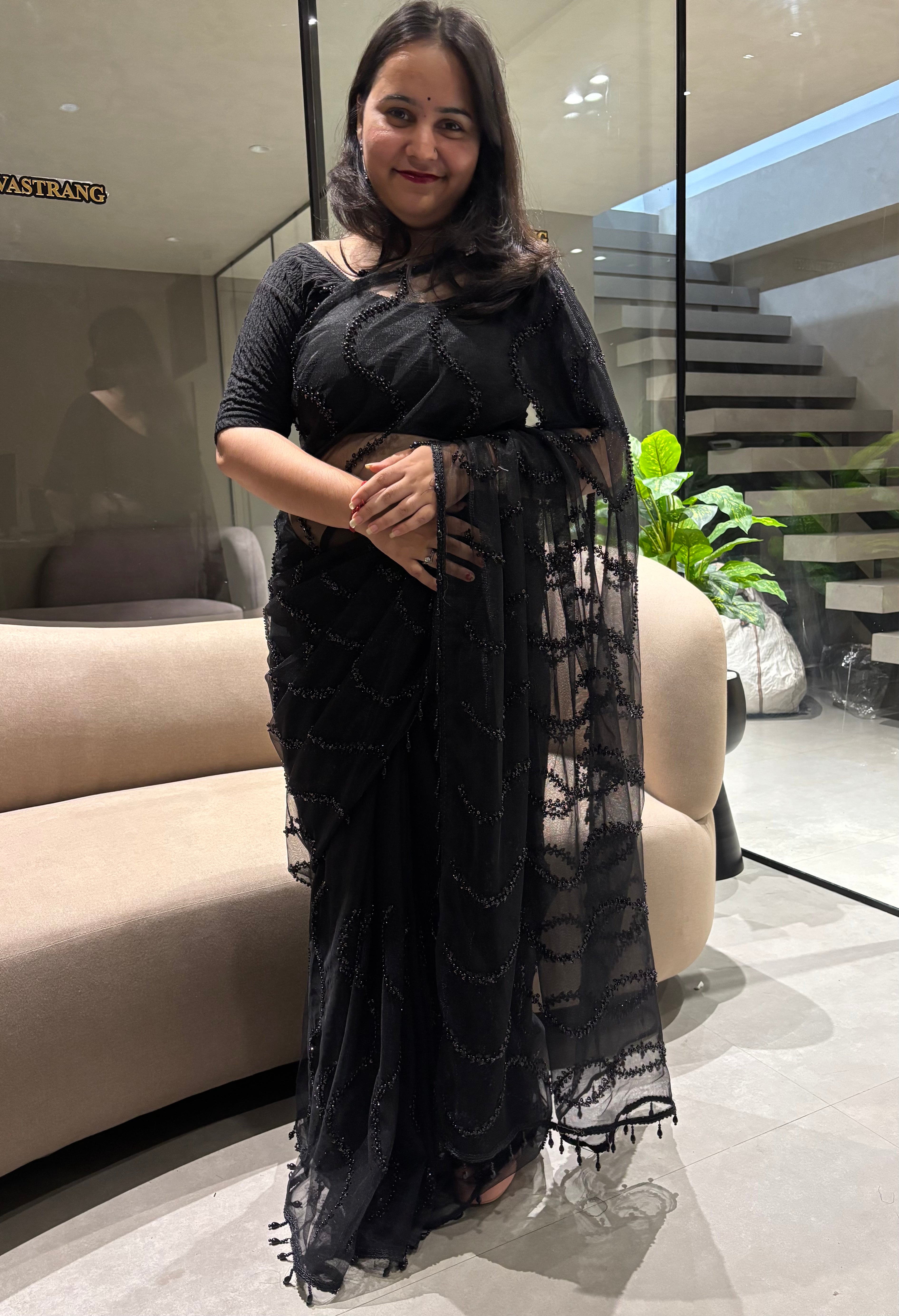 Charismatic Party Wear Net Sequence Beads n Handwork Moti lace Designer Saree With Blouse Piece