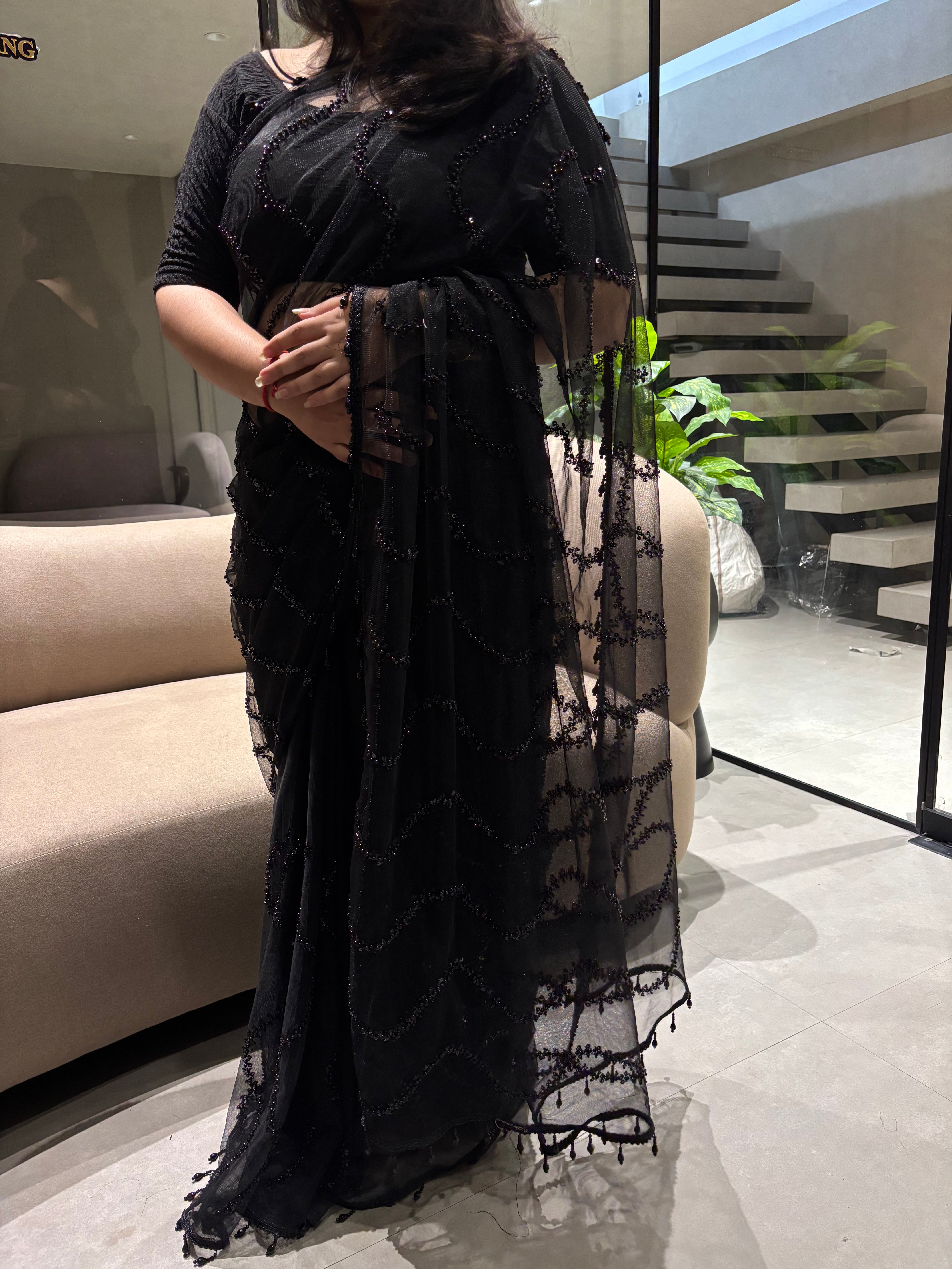 Charismatic Party Wear Net Sequence Beads n Handwork Moti lace Designer Saree With Blouse Piece