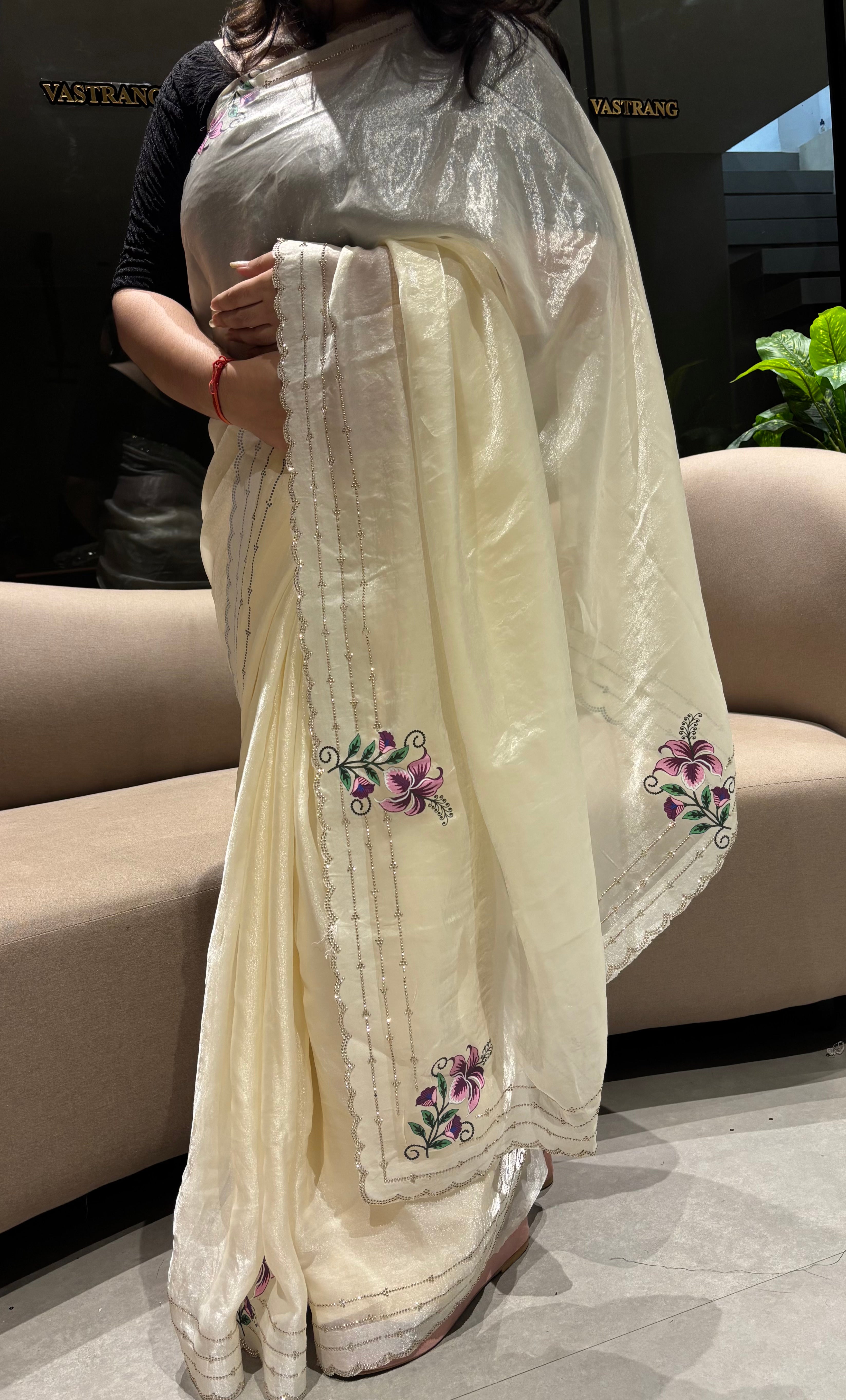 Exuberant Festive Wear Silk Embroidery n Siroski Work Designer Saree With Elegant Blouse Piece