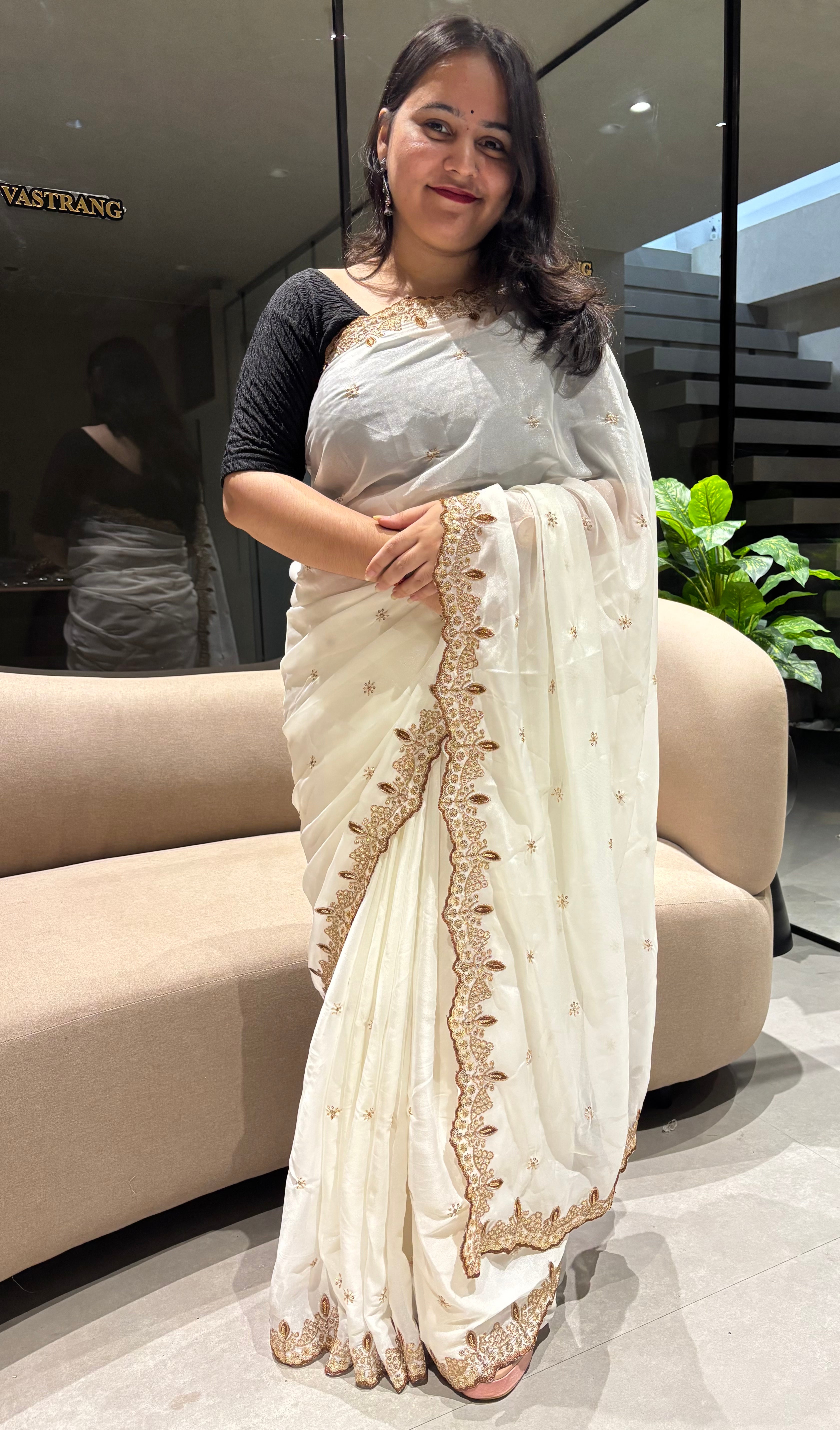 Whimsical Party Wear Georgette Zari n Sequence Work Border Fancy Designer Saree With Contrast Blouse Piece