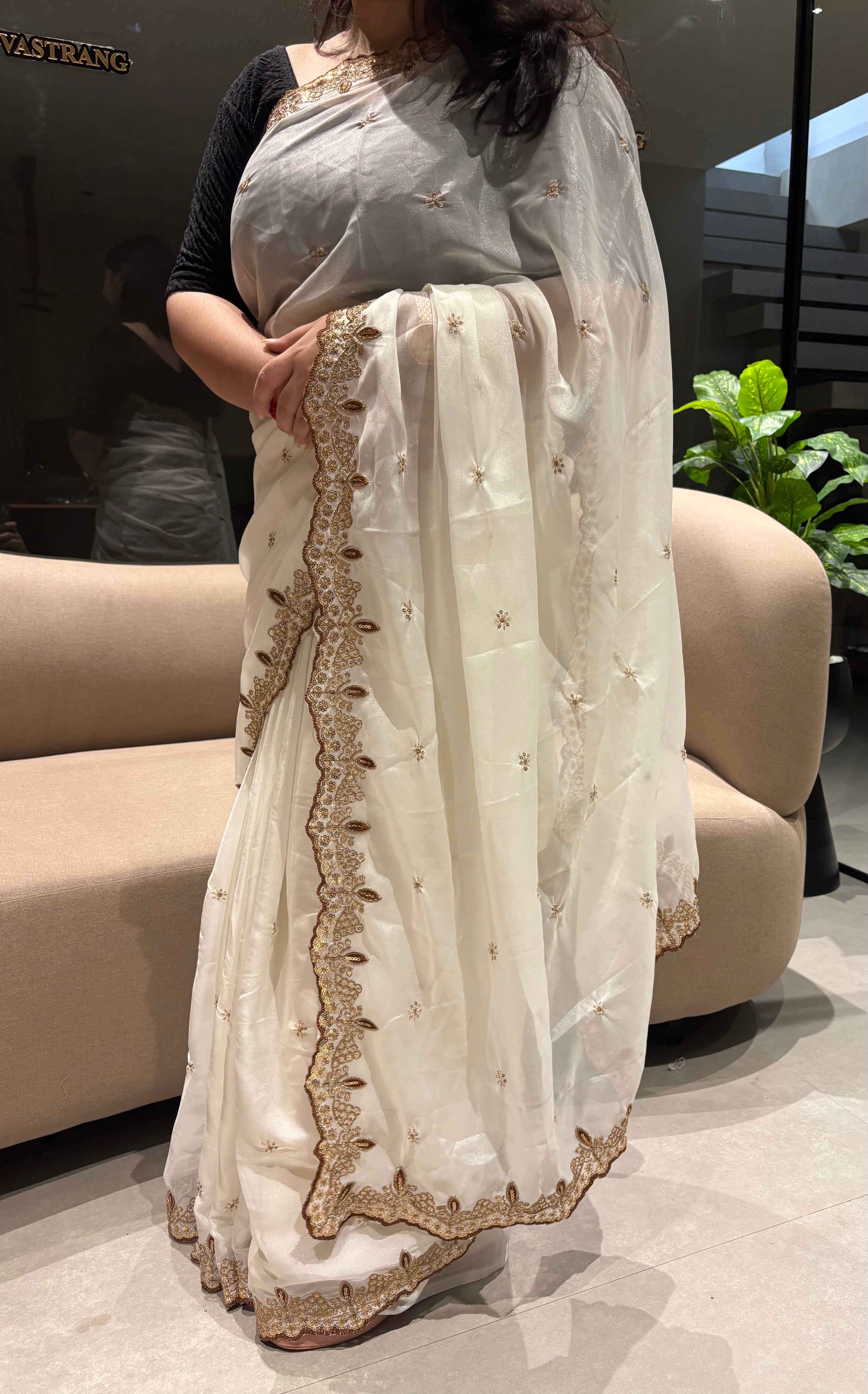 Whimsical Party Wear Georgette Zari n Sequence Work Border Fancy Designer Saree With Contrast Blouse Piece