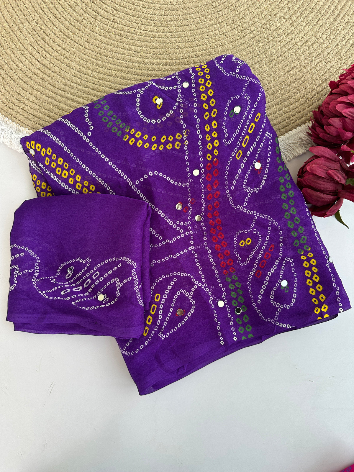 Blooming Party Wear Georgette Bandhani Print Tussels n Mirror Work Designer Saree With Blouse Piece