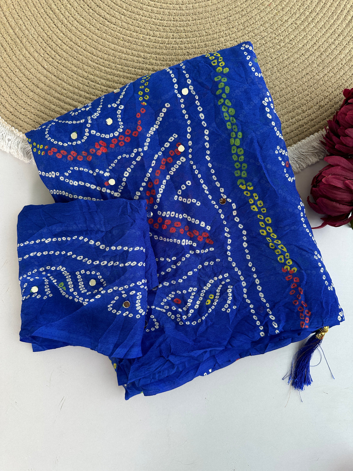 Blooming Party Wear Georgette Bandhani Print Tussels n Mirror Work Designer Saree With Blouse Piece