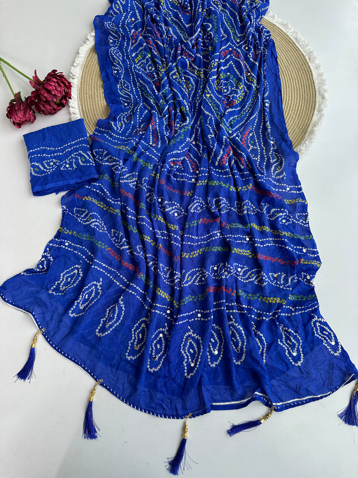Blooming Party Wear Georgette Bandhani Print Tussels n Mirror Work Designer Saree With Blouse Piece