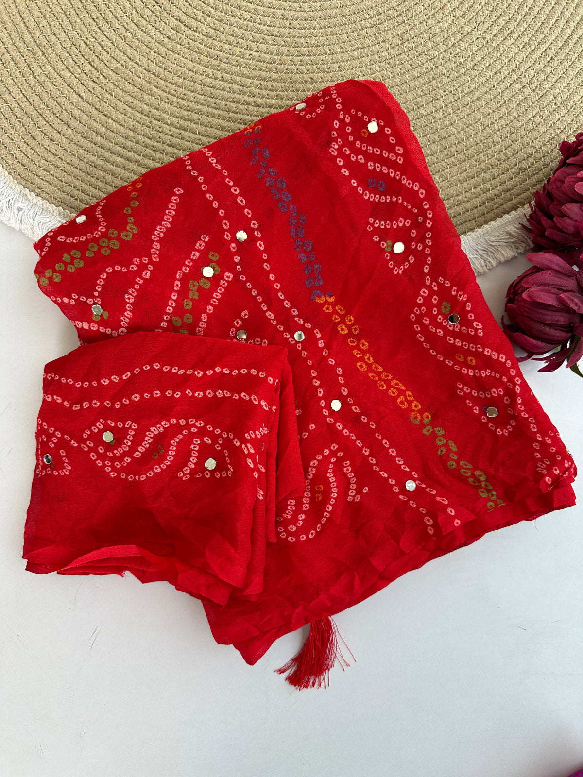 Blooming Party Wear Georgette Bandhani Print Tussels n Mirror Work Designer Saree With Blouse Piece