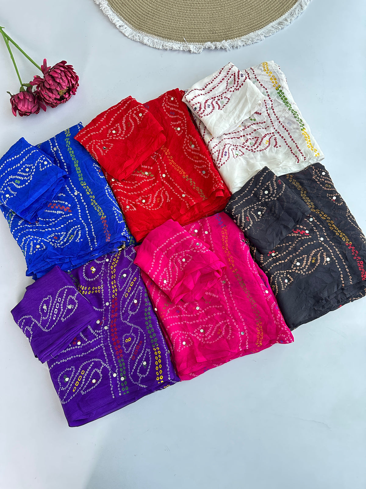Blooming Party Wear Georgette Bandhani Print Tussels n Mirror Work Designer Saree With Blouse Piece