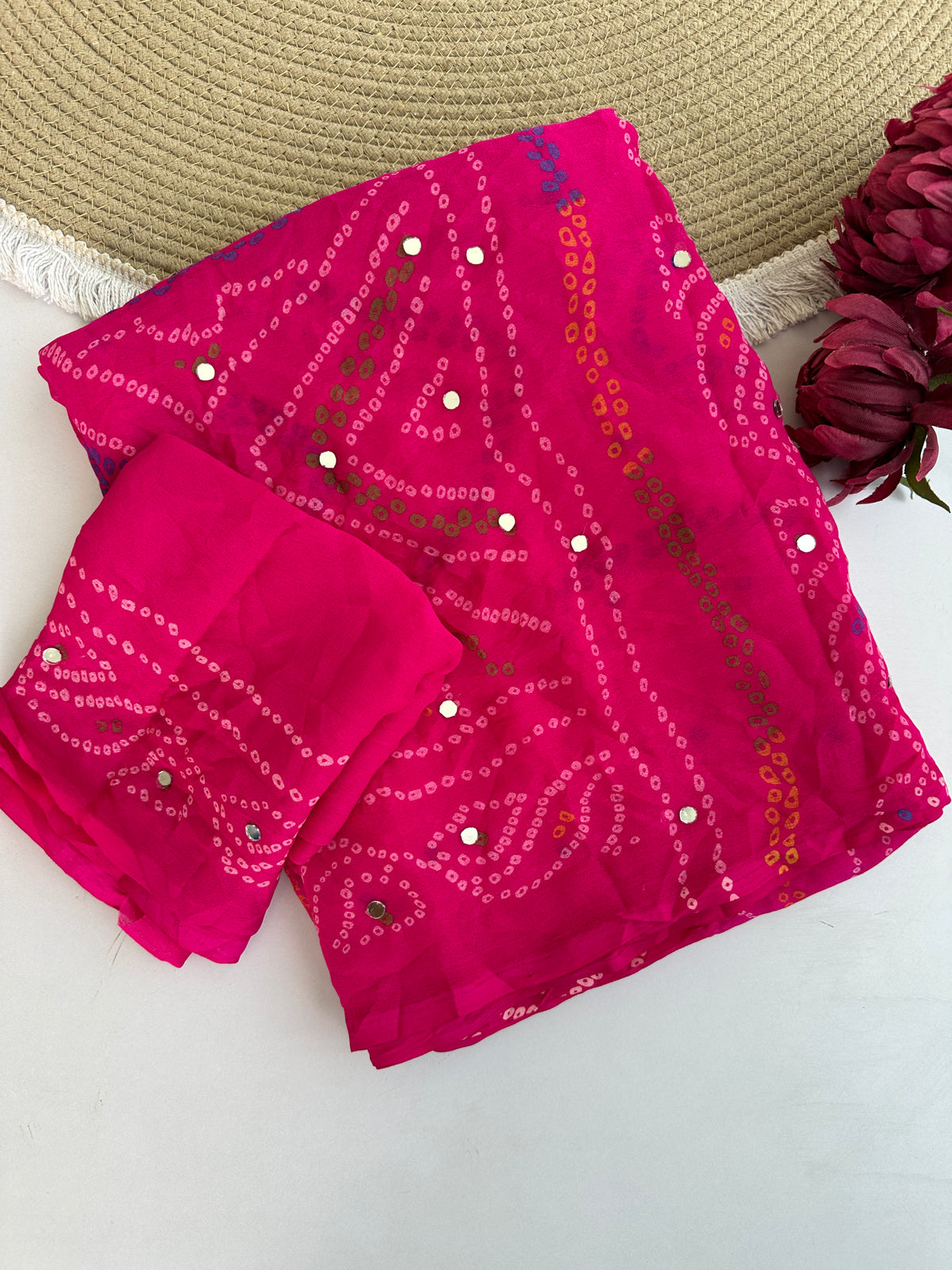 Blooming Party Wear Georgette Bandhani Print Tussels n Mirror Work Designer Saree With Blouse Piece