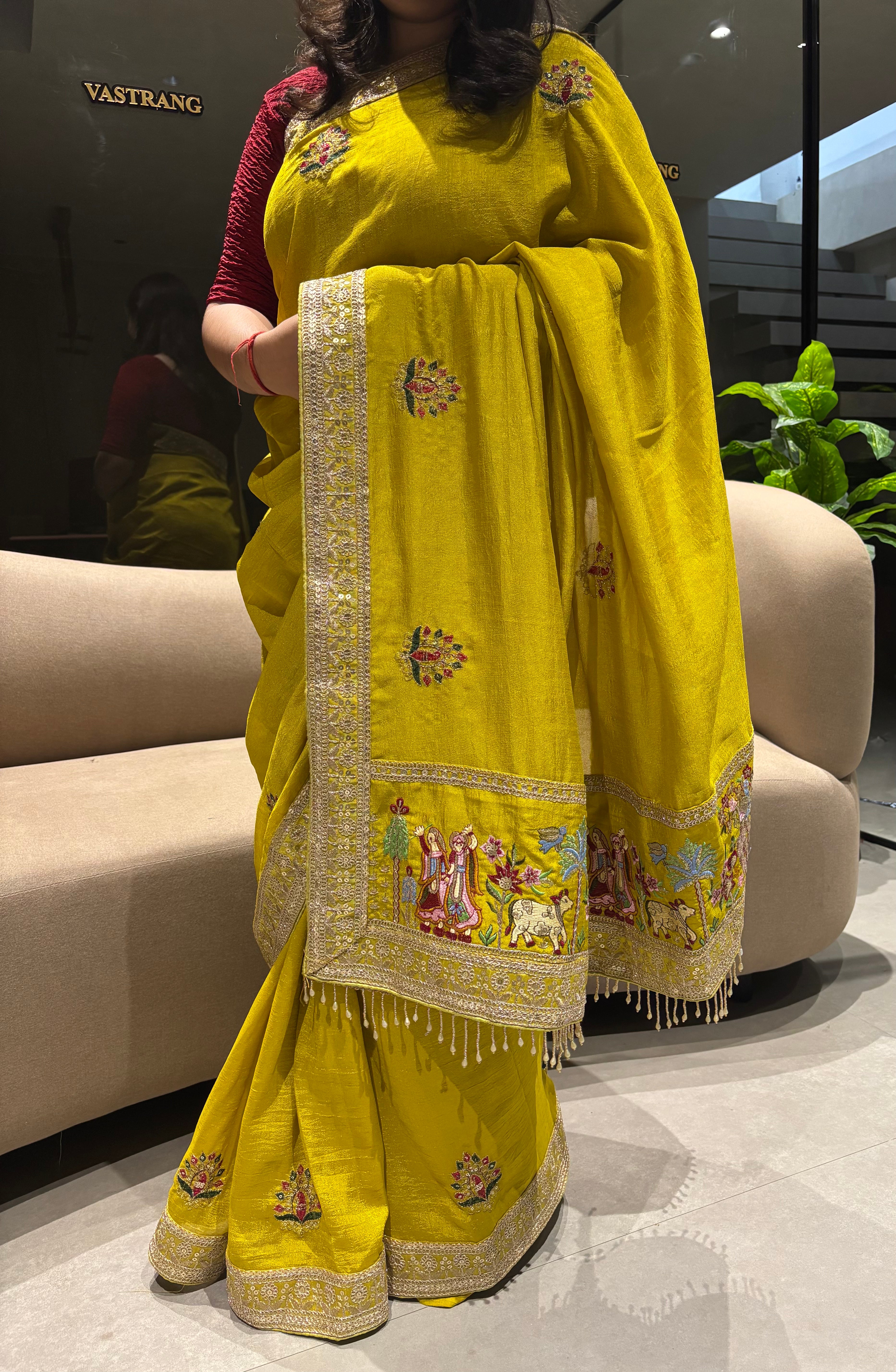 Glamorous Party Wear Pure Vichitra Silk Embroidery n Butta Work Lace Border Designer Saree For Women