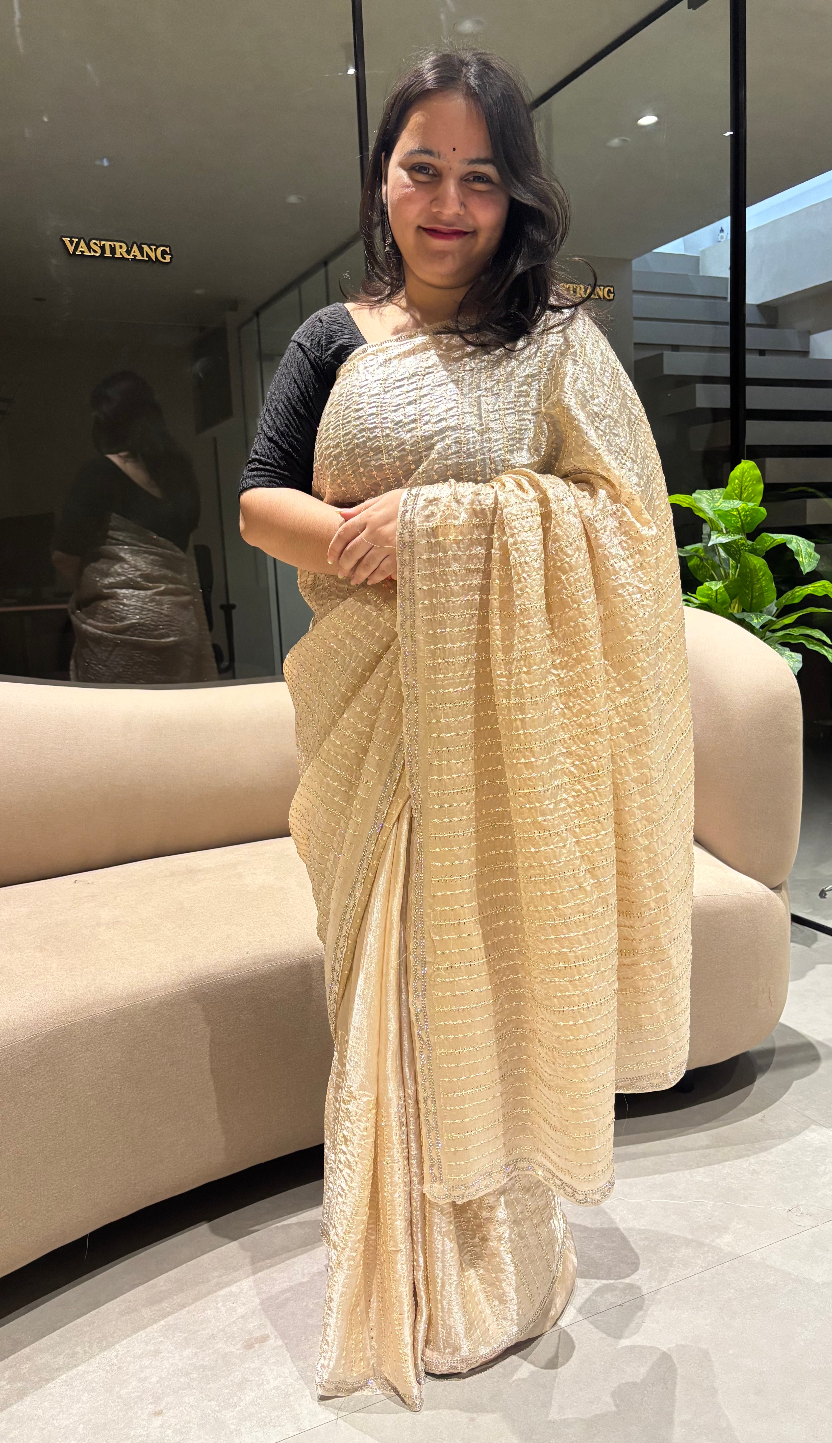 Glamorous Wedding Wear Satin Silk Beads n Siroski Work Designer Saree With Blouse Piece
