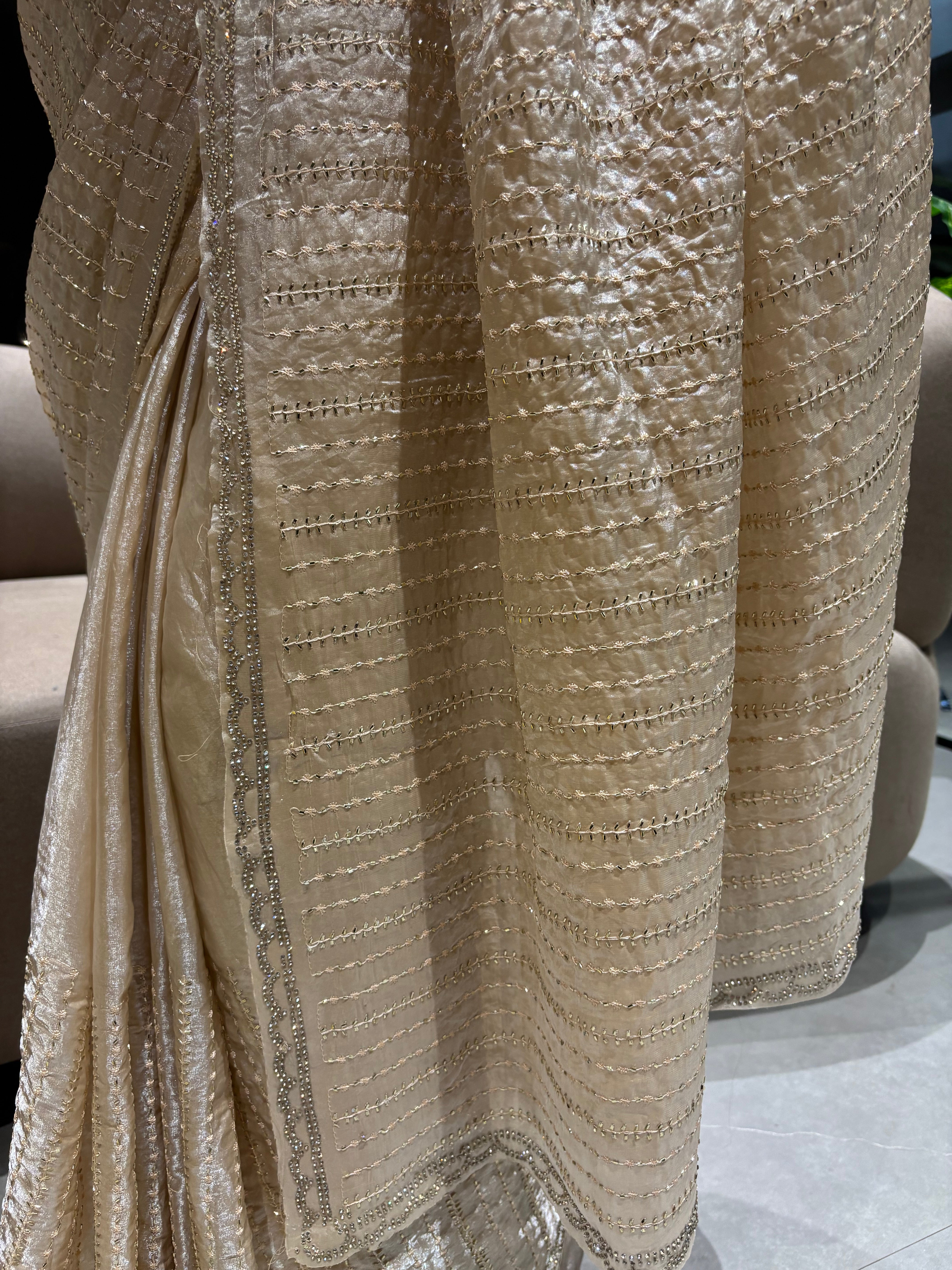Glamorous Wedding Wear Satin Silk Beads n Siroski Work Designer Saree With Blouse Piece