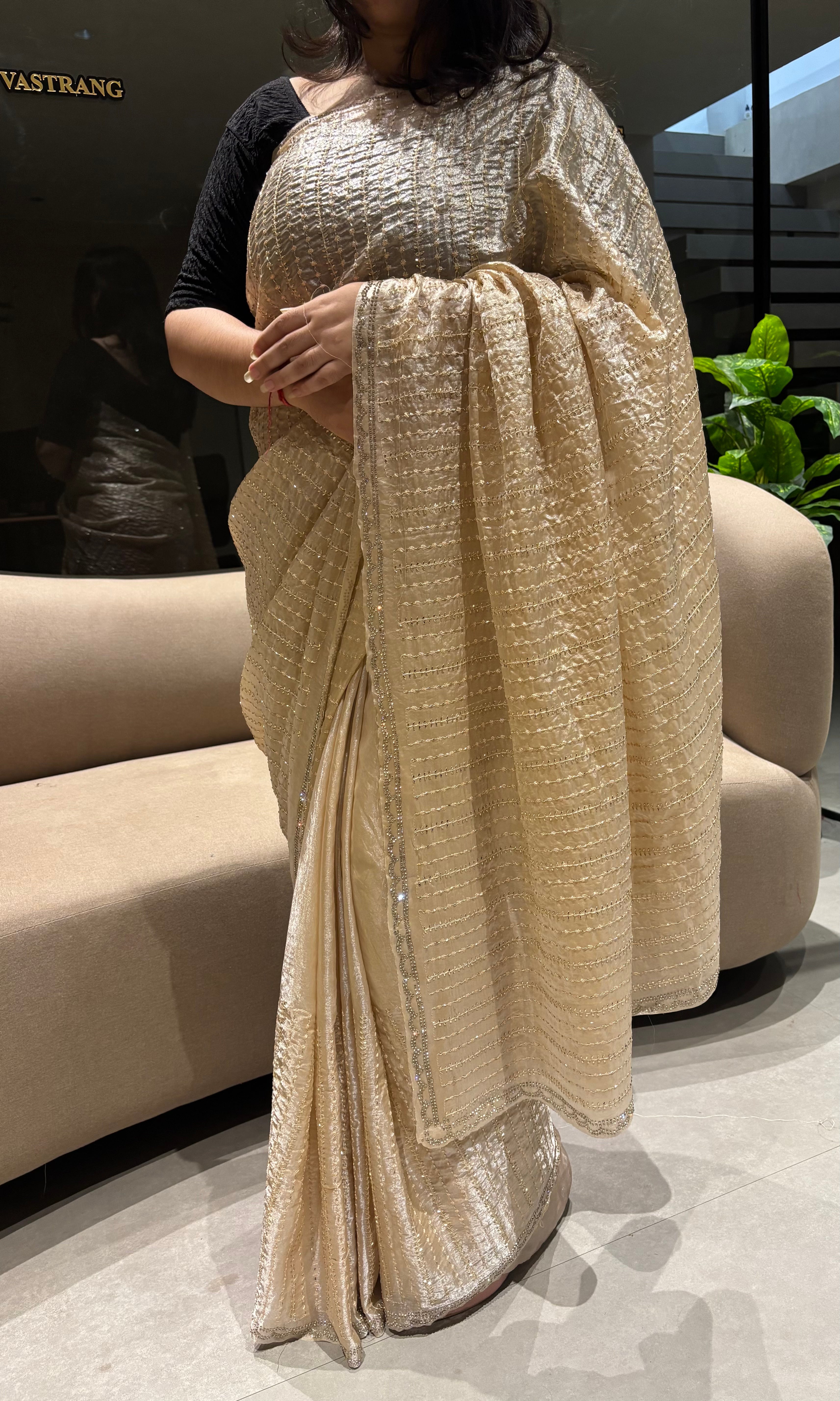 Glamorous Wedding Wear Satin Silk Beads n Siroski Work Designer Saree With Blouse Piece