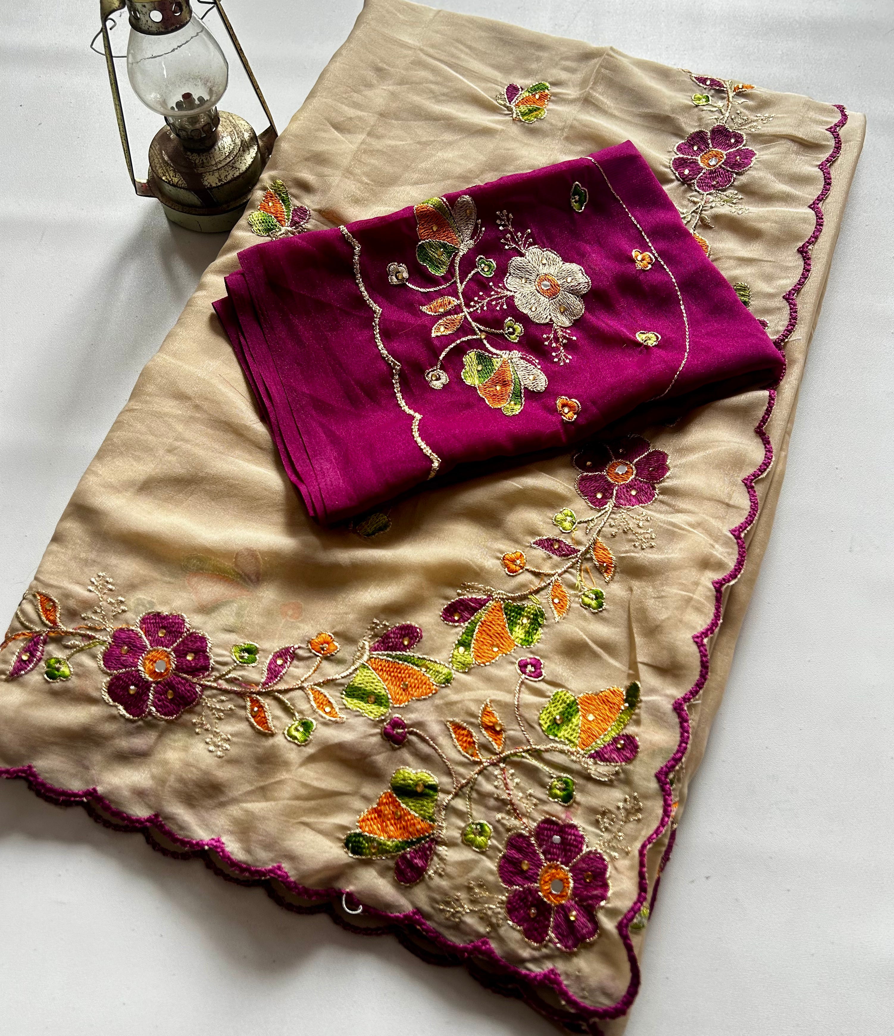 Blossom Wedding Wear Georgette Embroidery n Mirror Work Designer Saree With Contrast Blouse Piece