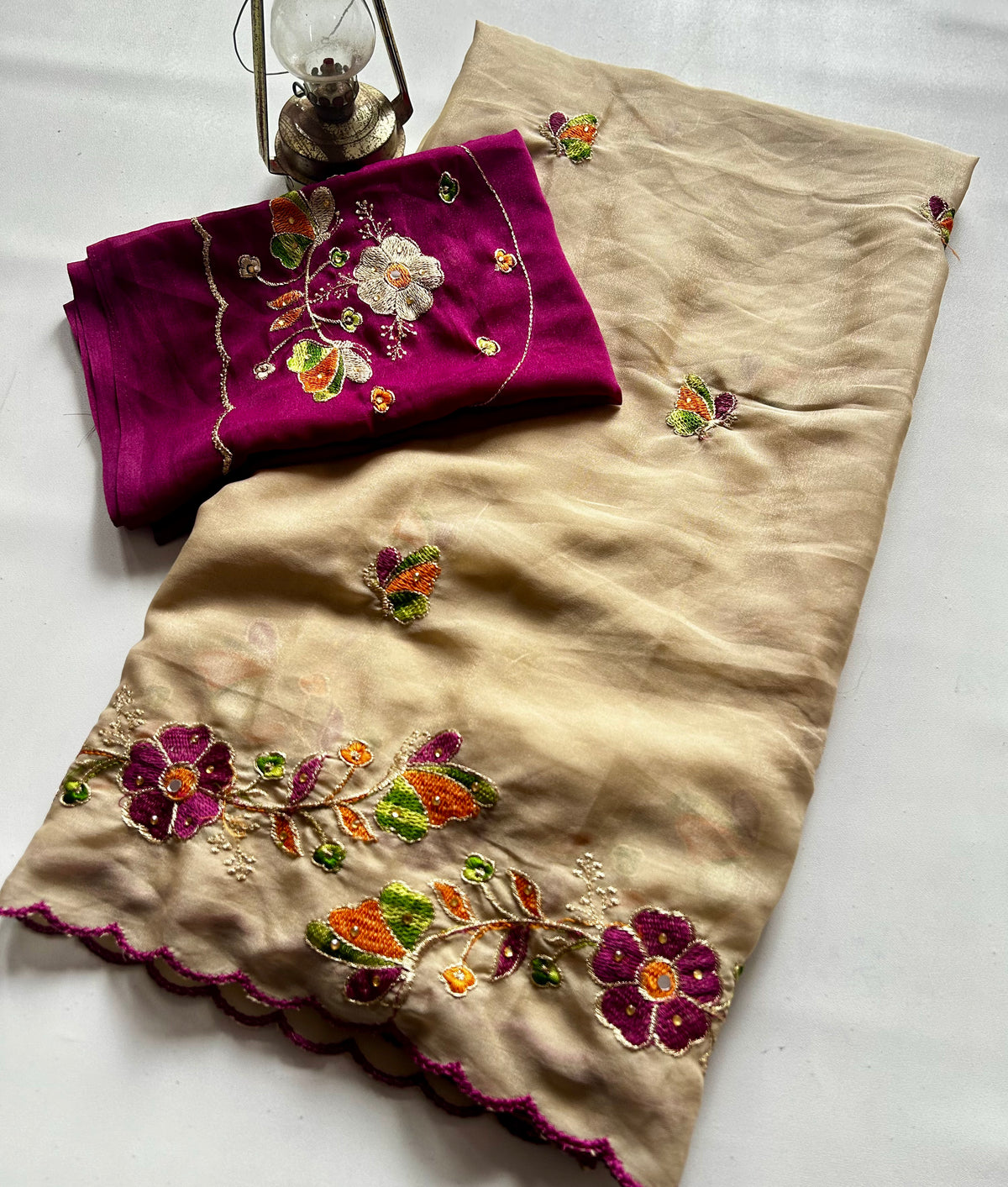 Blossom Wedding Wear Georgette Embroidery n Mirror Work Designer Saree With Contrast Blouse Piece