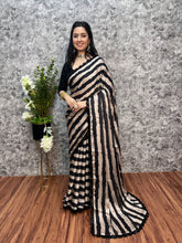 Load image into Gallery viewer, New Georgette Satin Black n White Digital Printed Saree With Sequence Work Border
