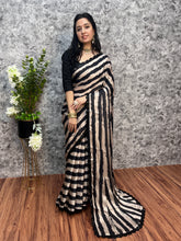 Load image into Gallery viewer, New Georgette Satin Black n White Digital Printed Saree With Sequence Work Border
